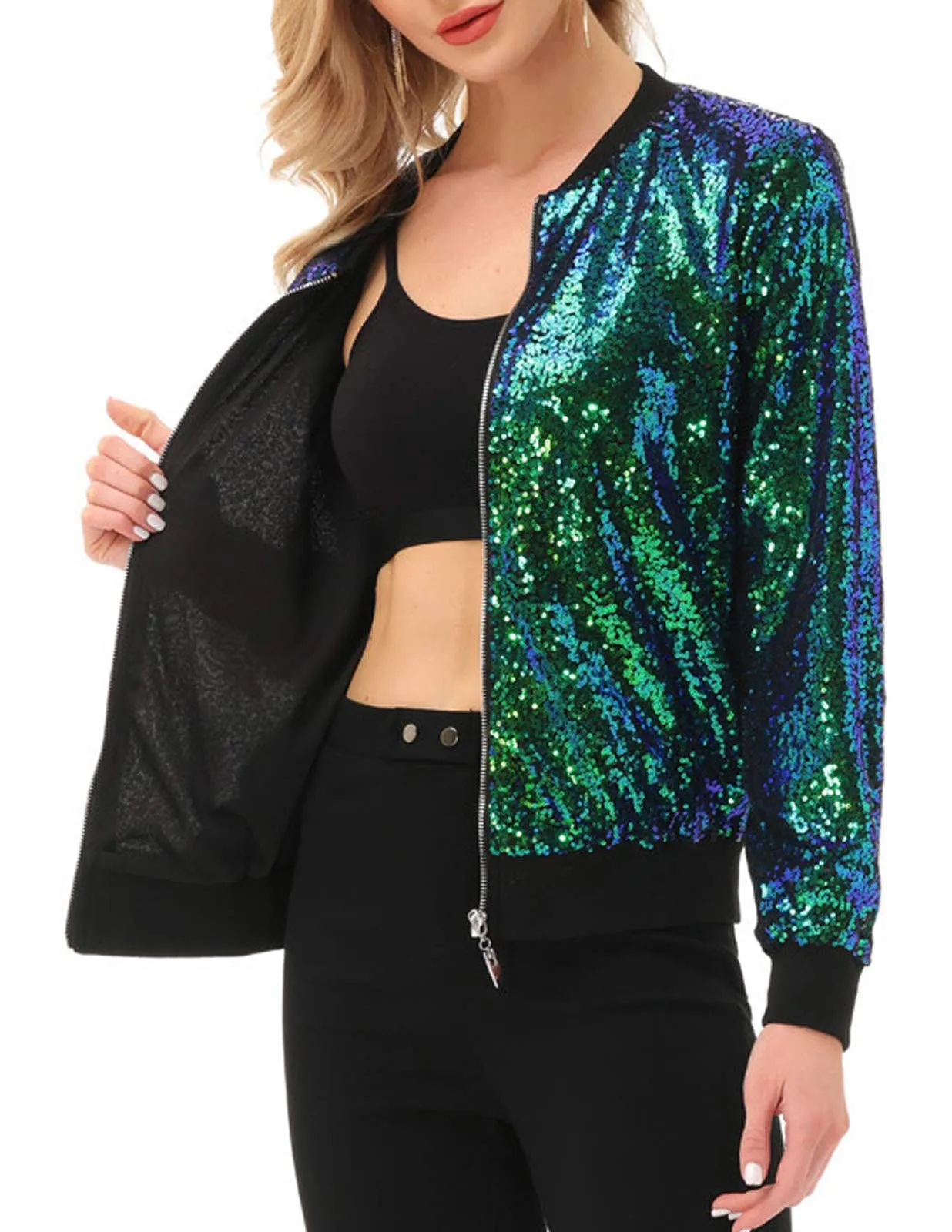 Green Sequin Embellished Bomber Long Sleeve Jacket