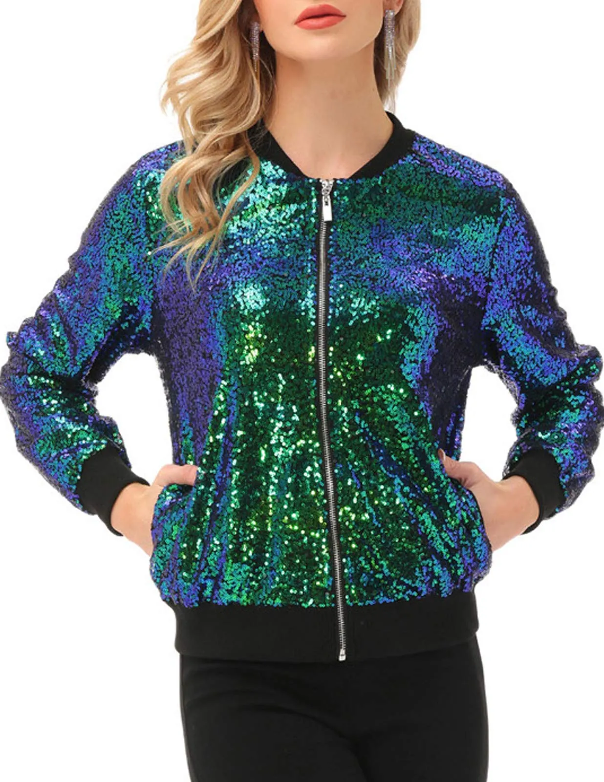 Green Sequin Embellished Bomber Long Sleeve Jacket