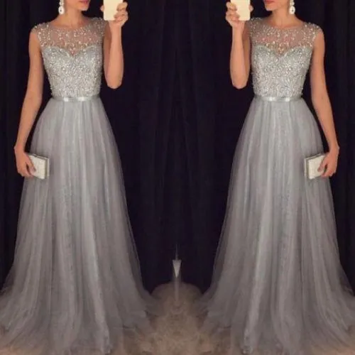 Grey Ilusion Neck Bead Top  Prom Dress