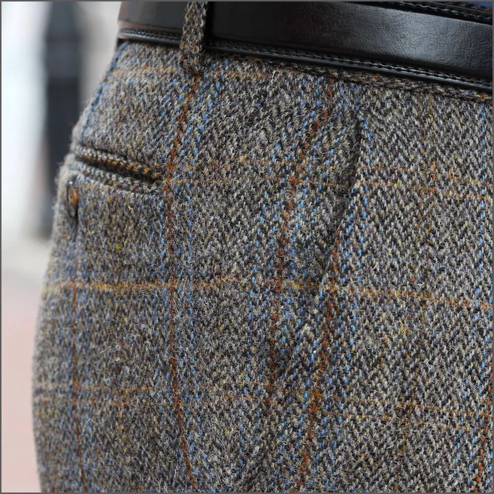 Harris Tweed Brown, Blue Herringbone Trousers--