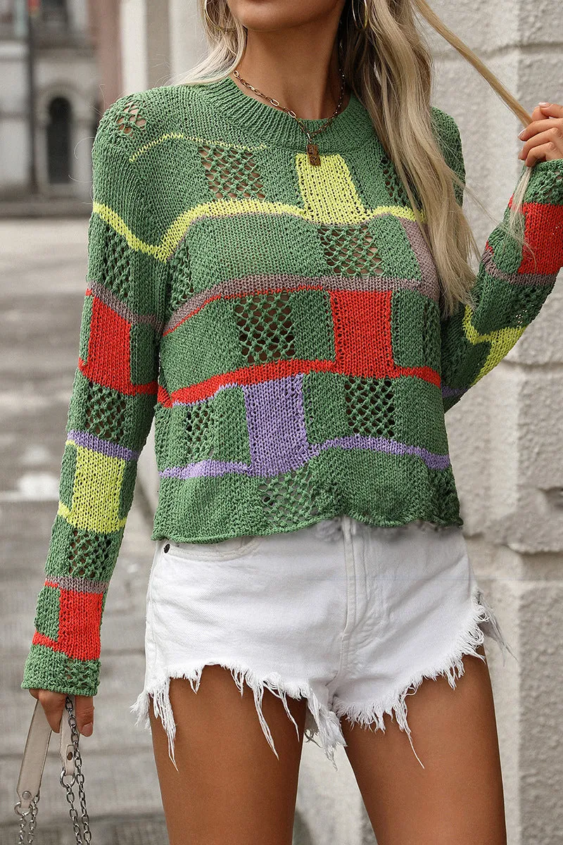 HWR1114 Color Block Knit Sweater