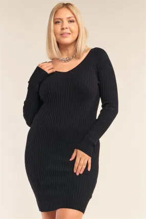 Junior Plus Size V-Neck Ribbed Sweater Bodycon Mini Dress