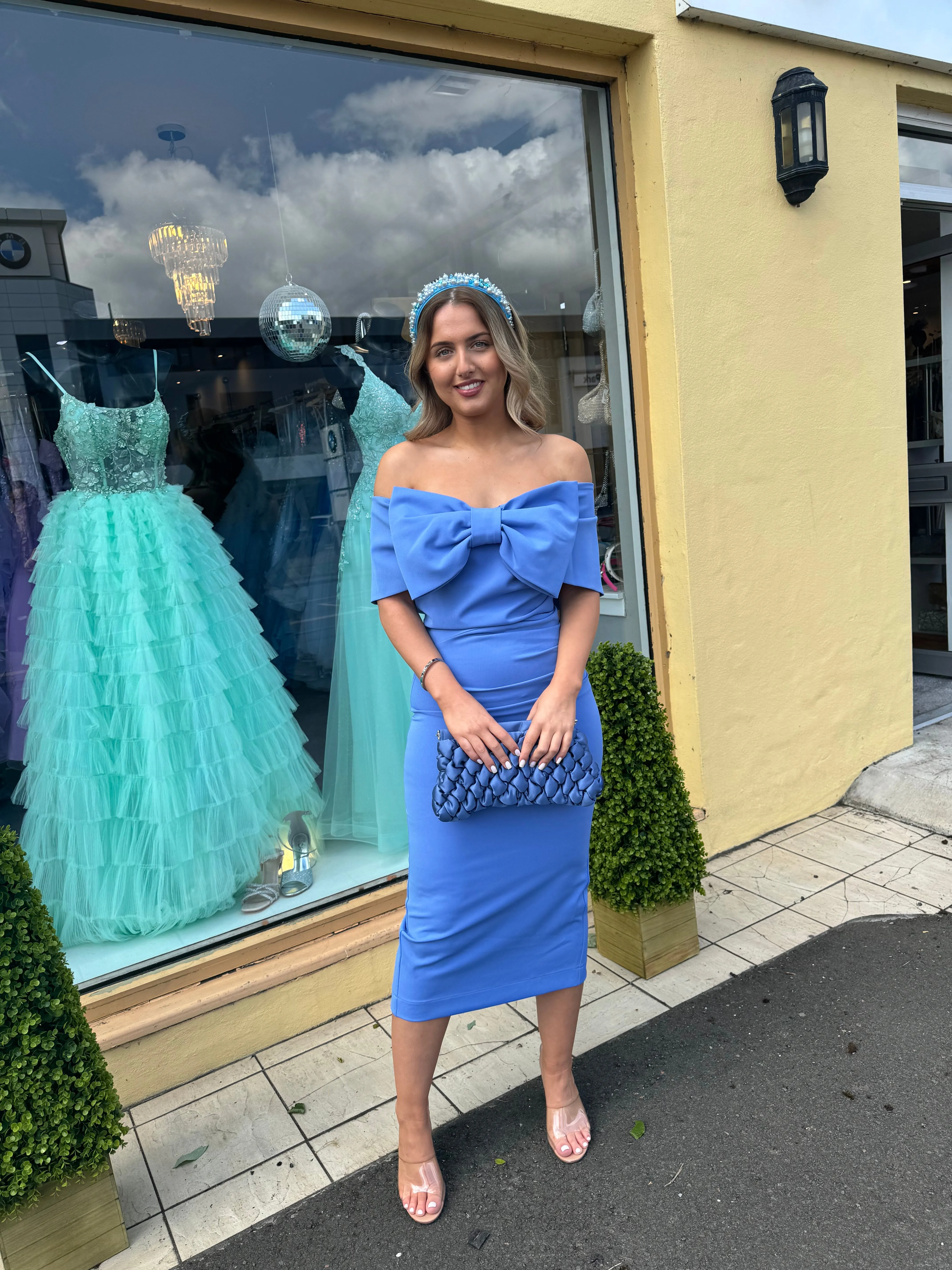 Kevan Jon Boo bow Bardot midi dress in cornflour blue