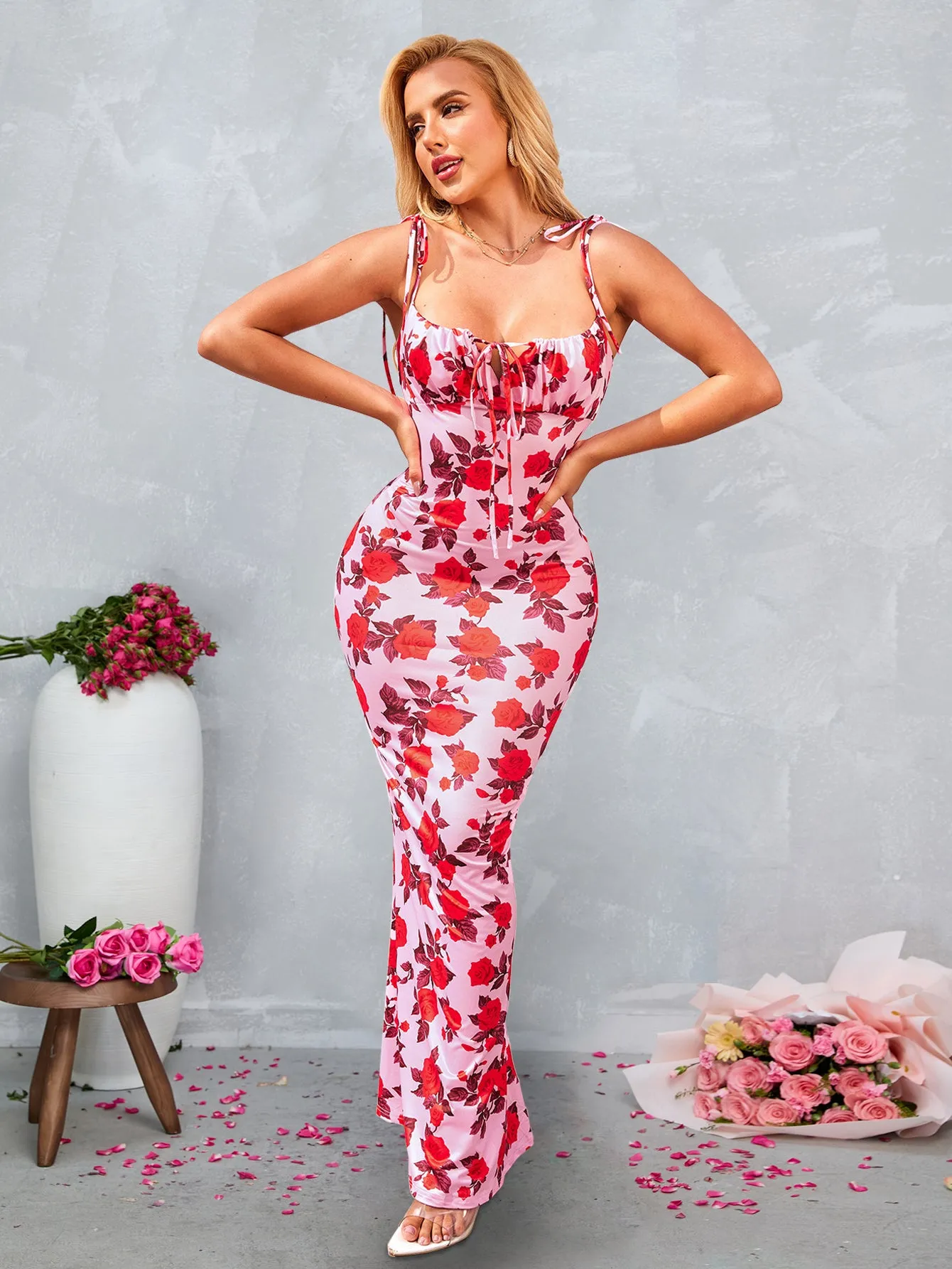 Lace-Up Straps Tie Front Floral Bodycon Dress(Petite Version)