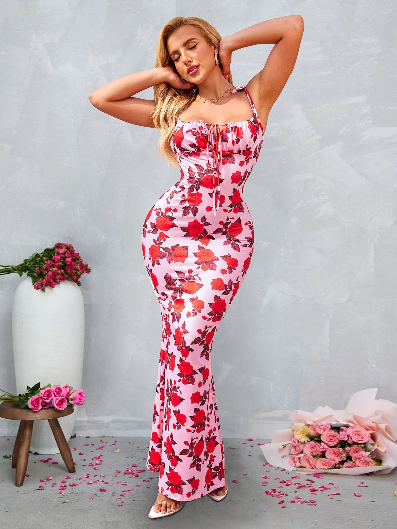 Lace-Up Straps Tie Front Floral Bodycon Dress(Petite Version)