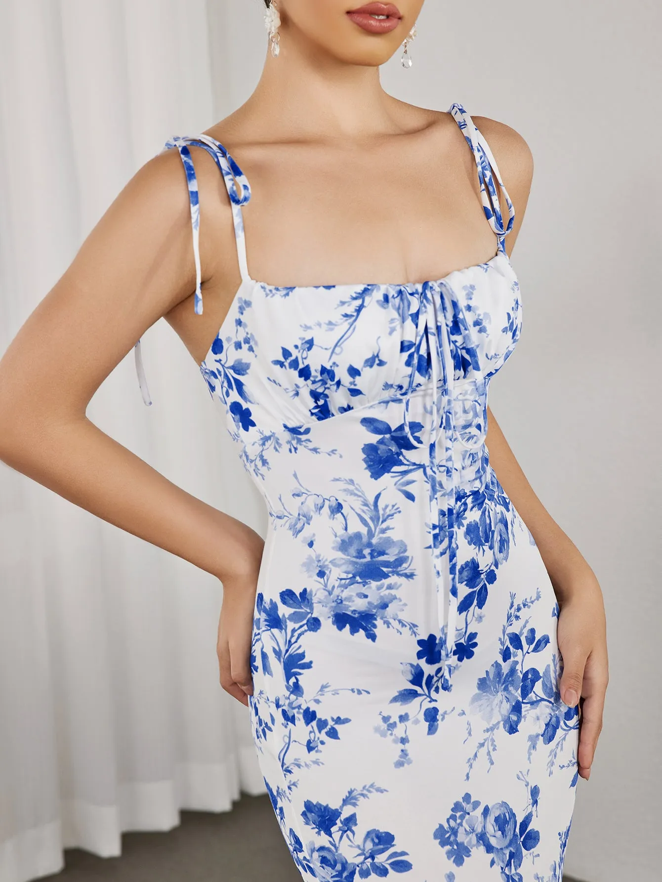 Lace-Up Straps Tie Front Floral Bodycon Dress(Petite Version)