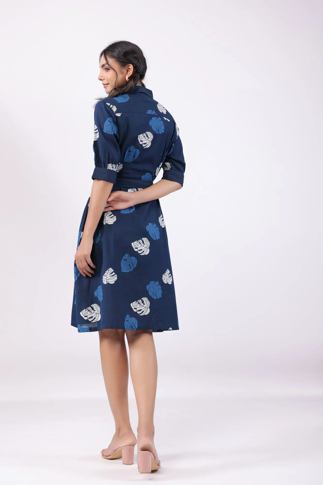 Leaf Whisper Blue Cotton Flex Midi Dress