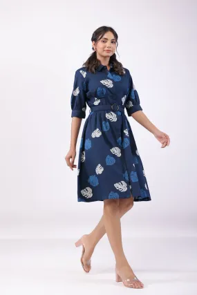 Leaf Whisper Blue Cotton Flex Midi Dress