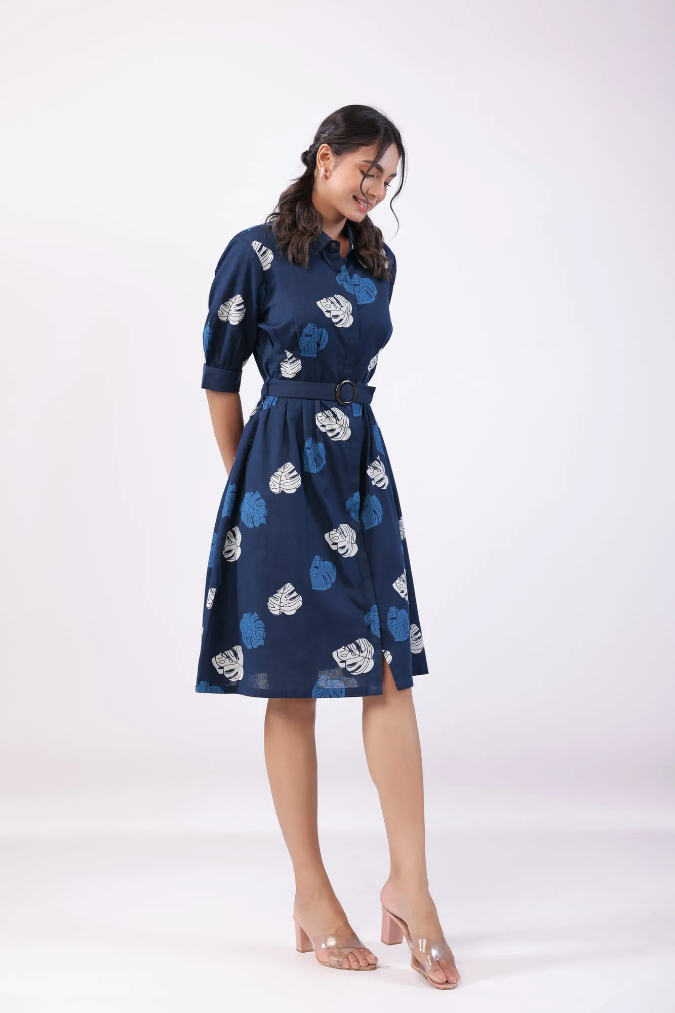 Leaf Whisper Blue Cotton Flex Midi Dress