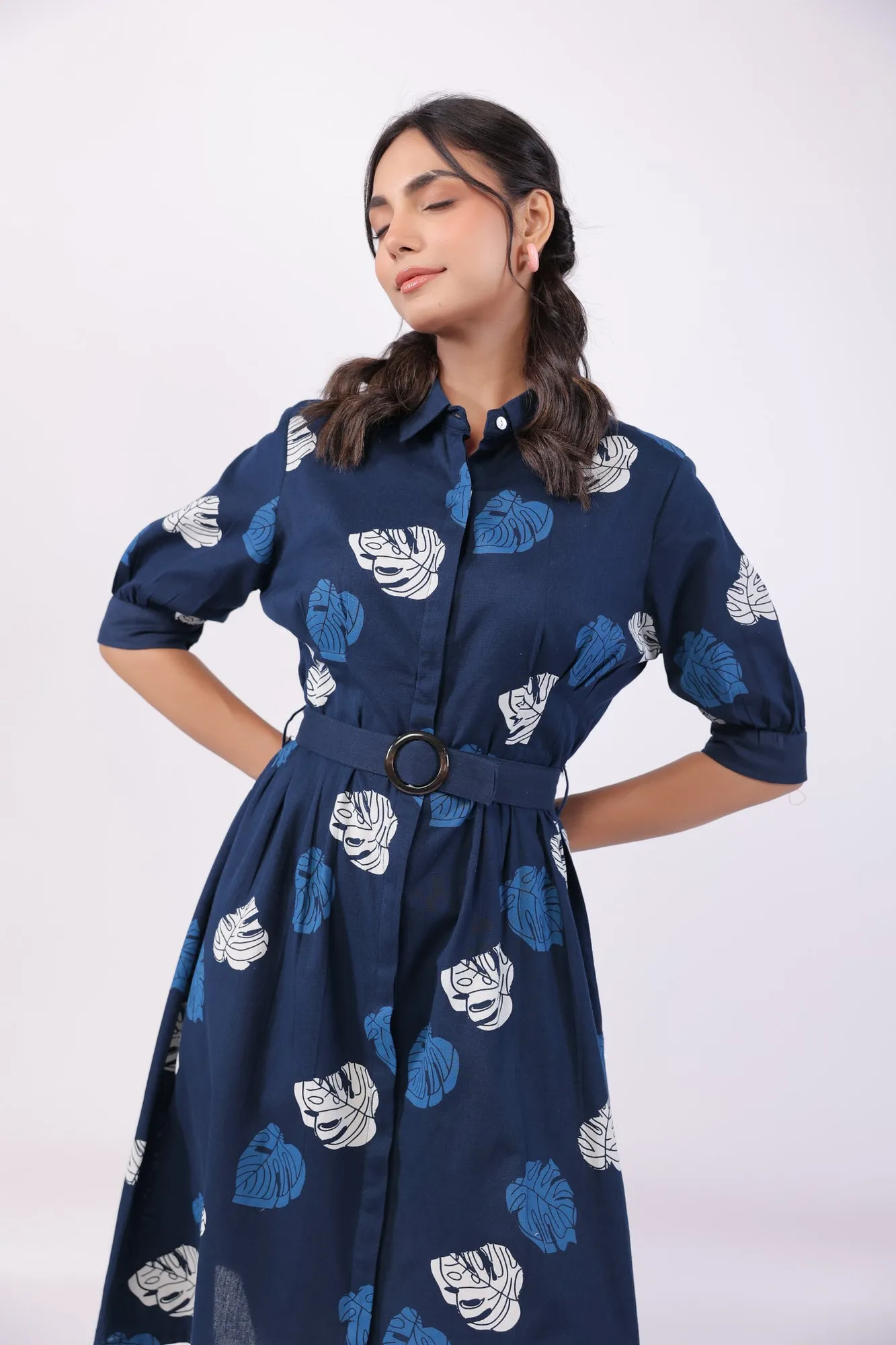 Leaf Whisper Blue Cotton Flex Midi Dress