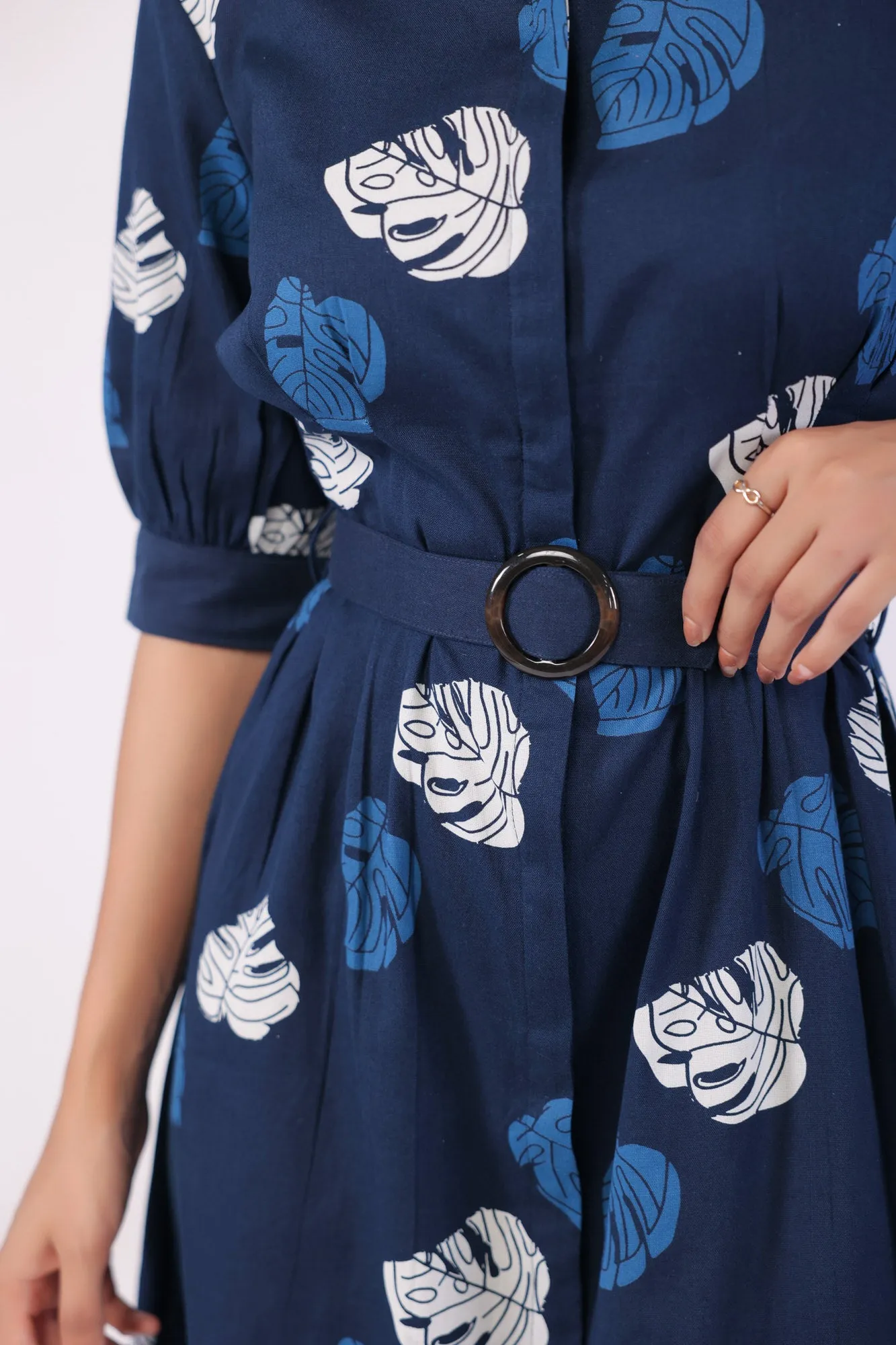 Leaf Whisper Blue Cotton Flex Midi Dress