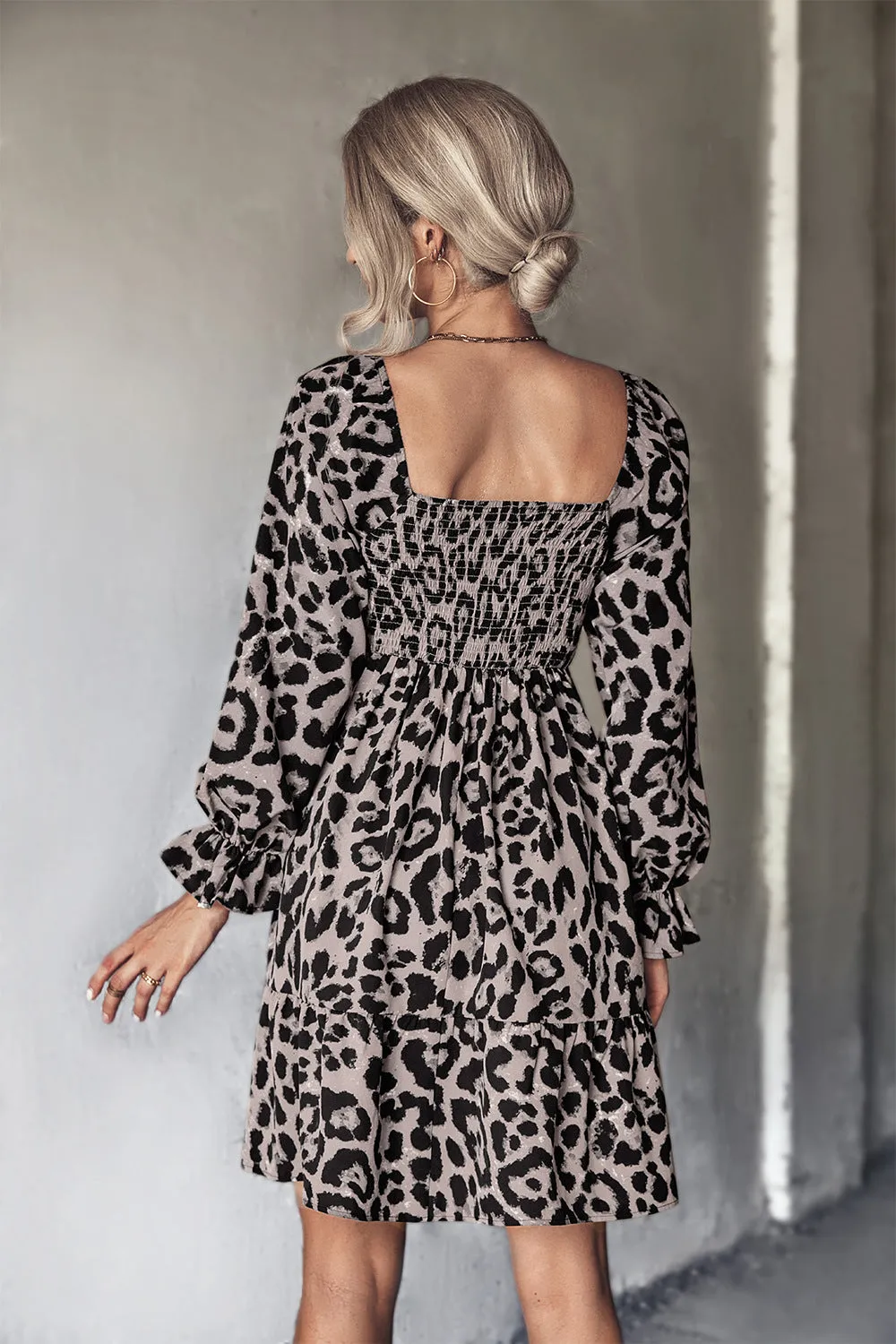 Leopard Smocked Flounce Sleeve Tiered Dress