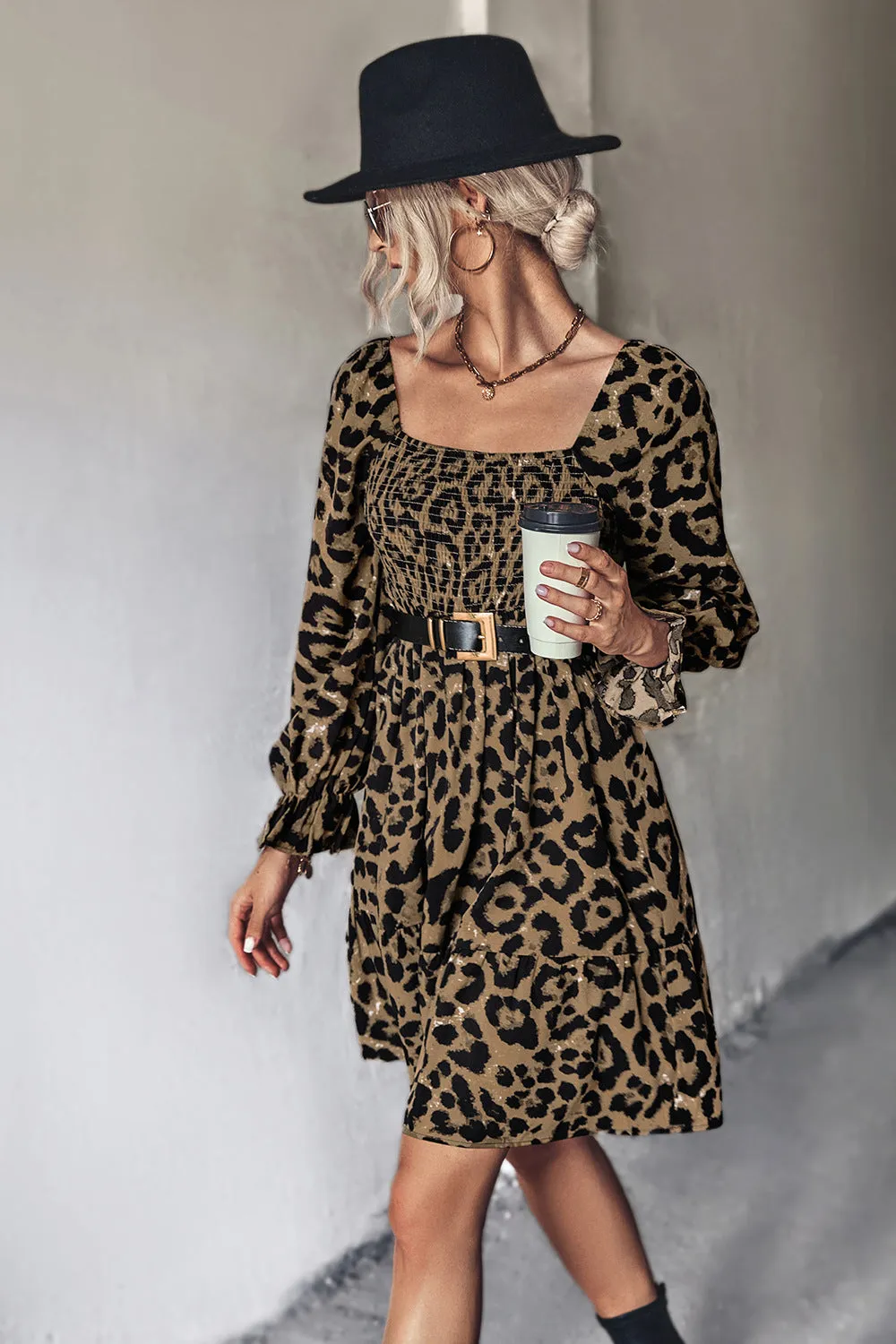 Leopard Smocked Flounce Sleeve Tiered Dress