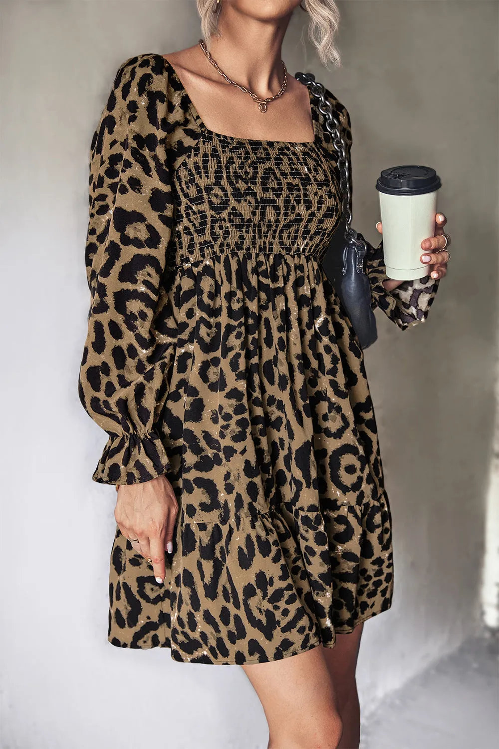 Leopard Smocked Flounce Sleeve Tiered Dress