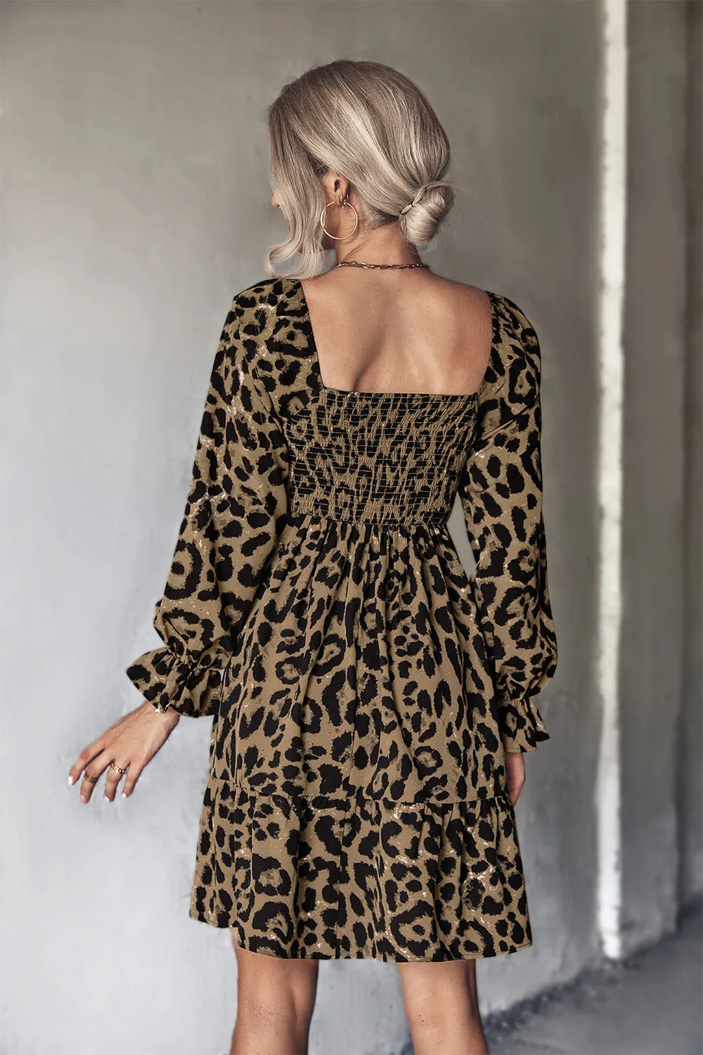 Leopard Smocked Flounce Sleeve Tiered Dress