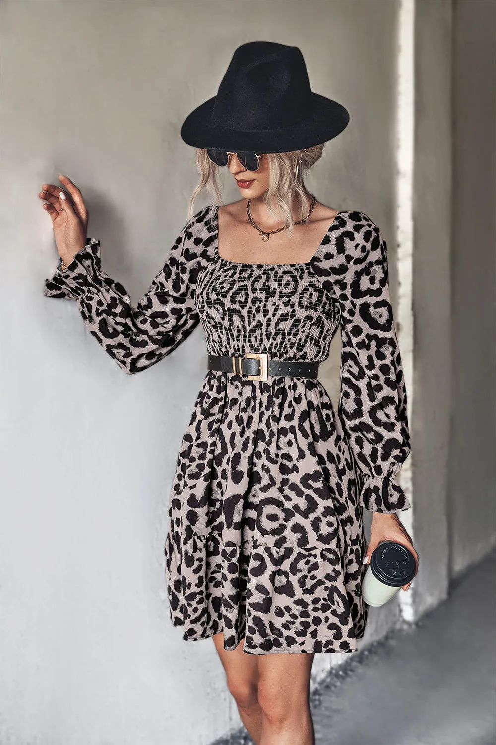 Leopard Smocked Flounce Sleeve Tiered Dress