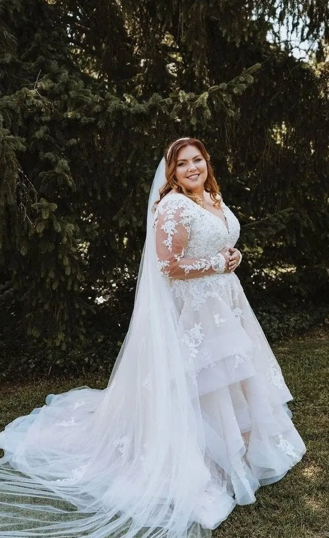 Long Sleeve Blush Lace Plus Size Wedding Dress