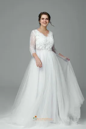 Long Sleeve Illusion Lace Plus Size Wedding Dress