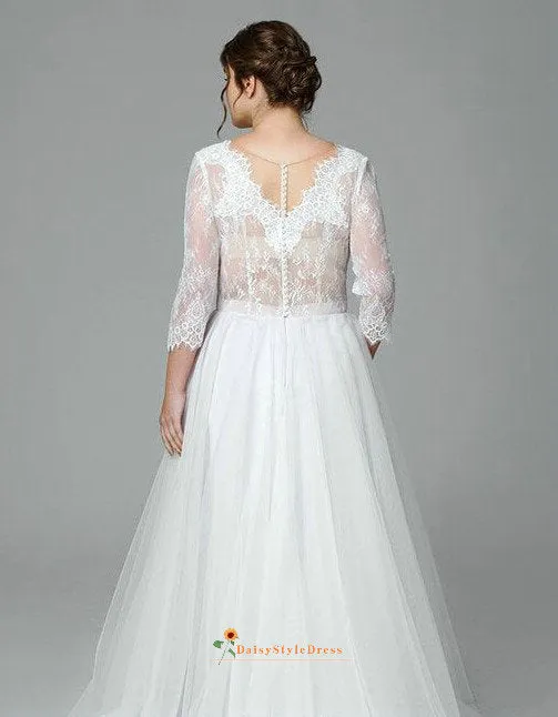 Long Sleeve Illusion Lace Plus Size Wedding Dress