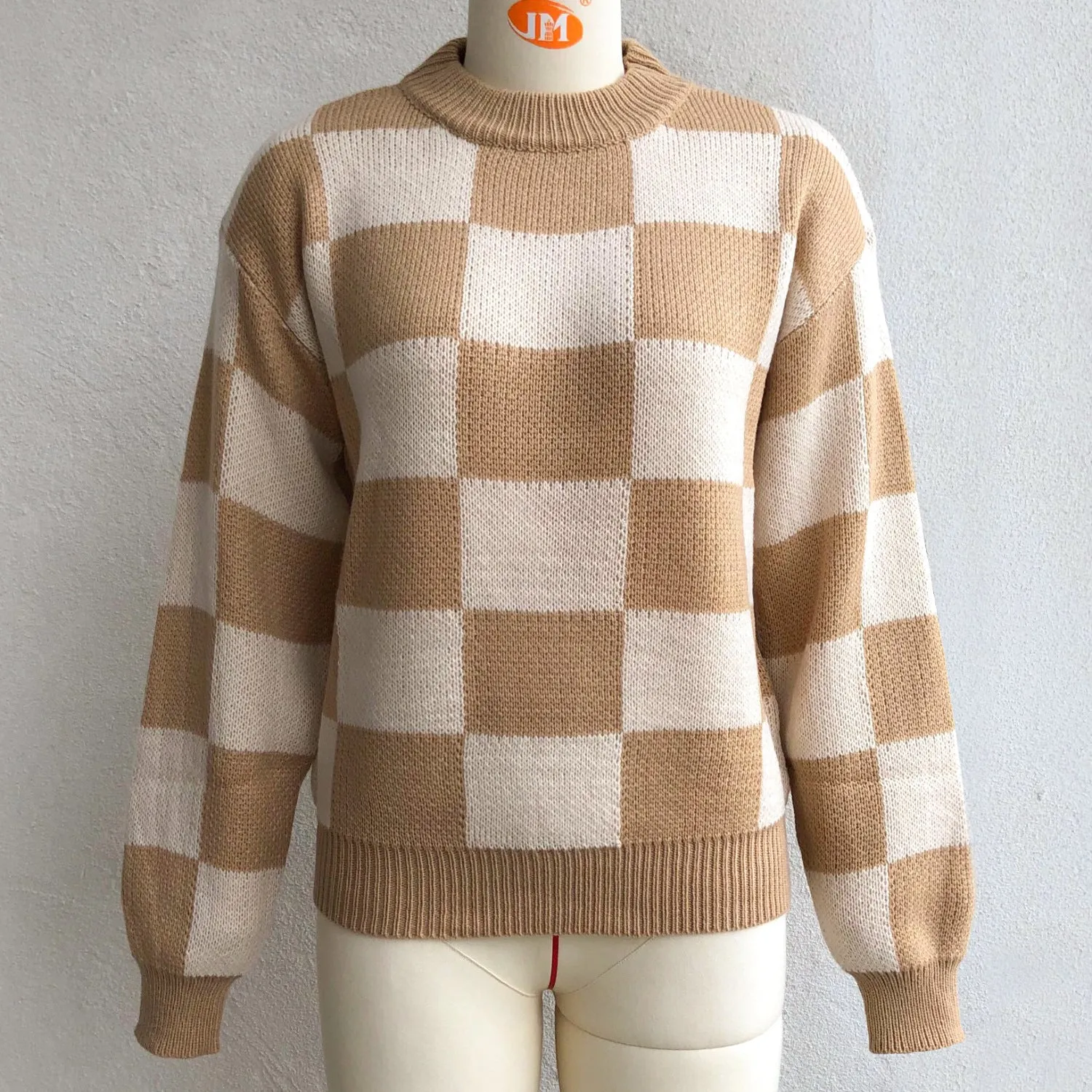 Long Sleeve Plaid Round Neck Sweater Wholesale Clothing SS070034