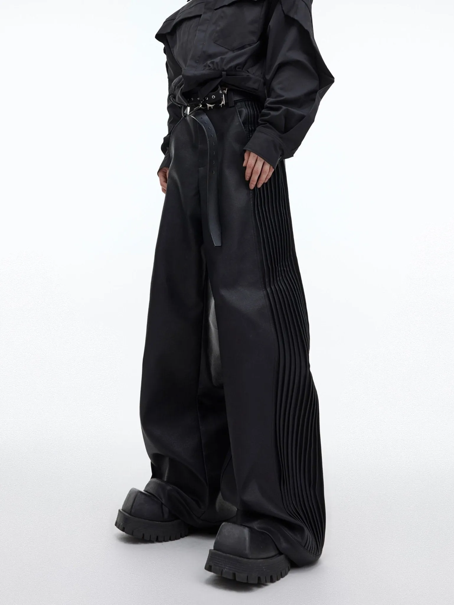 Matte Faux Leather Pleated Wide-Leg Trousers | Casual Edgy Pants