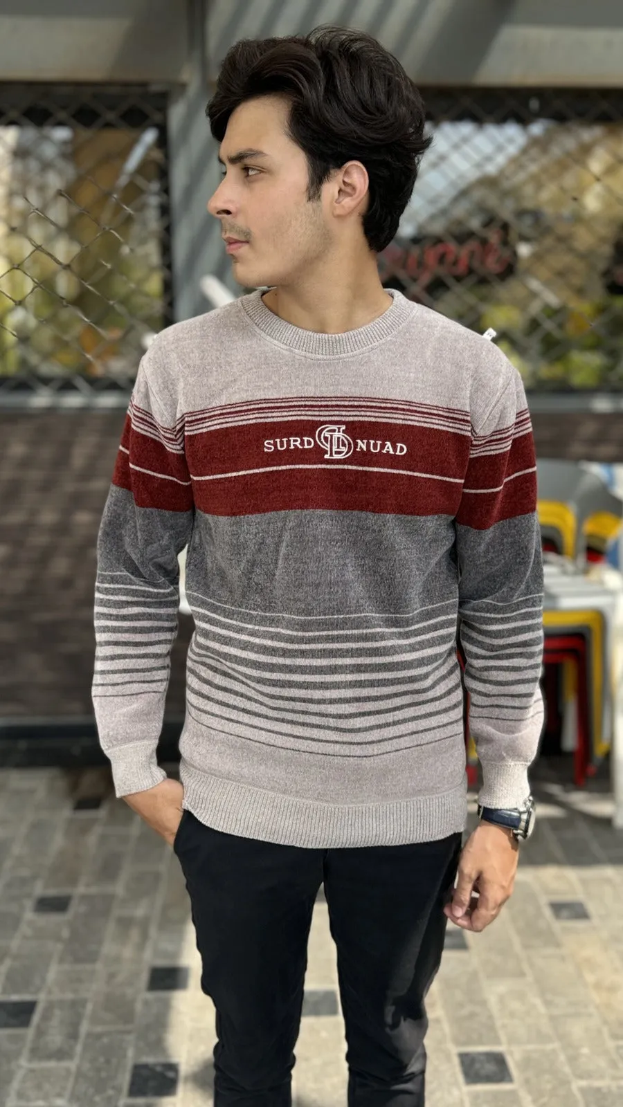 Mens imported gray and red sweater