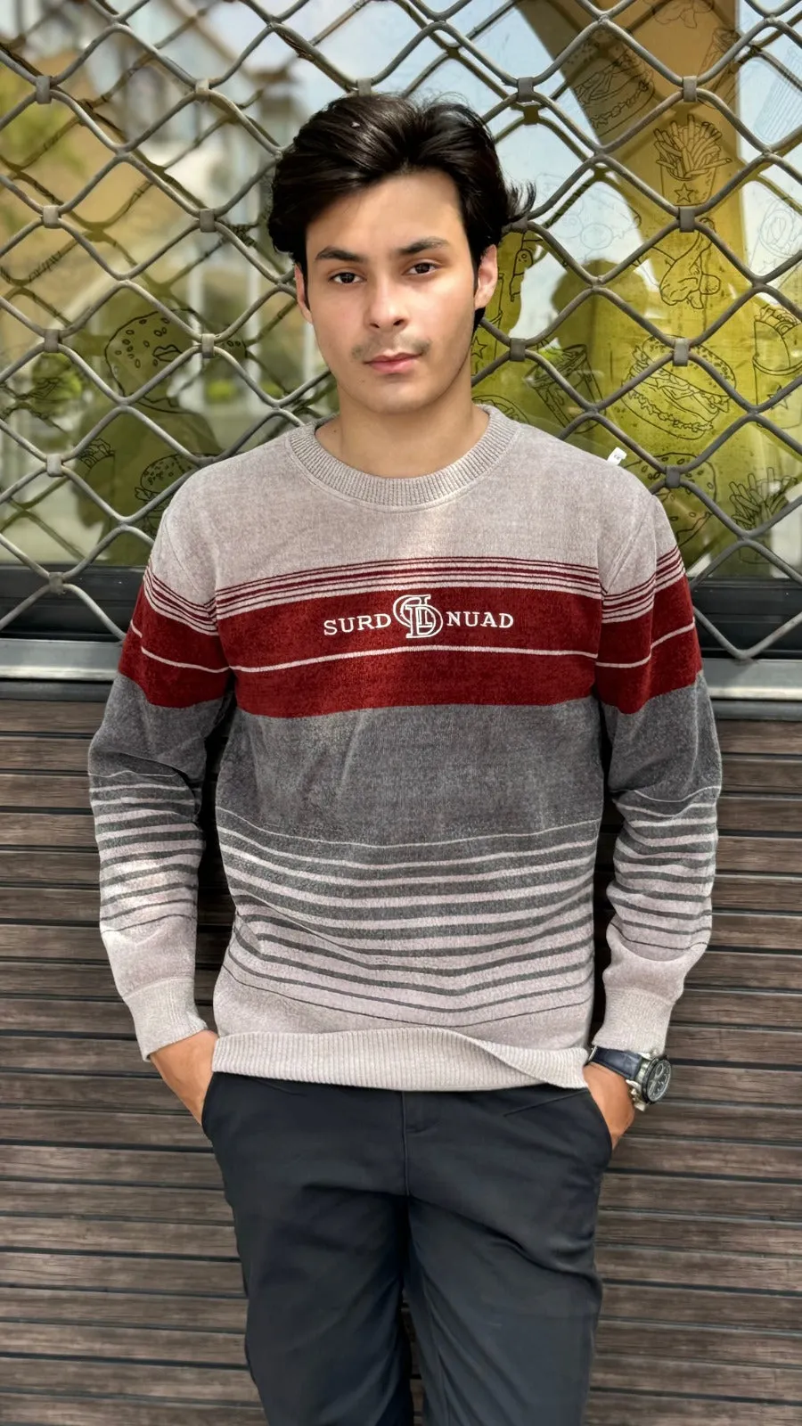 Mens imported gray and red sweater