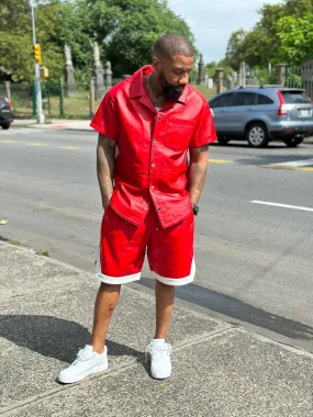 Men's Summer In Miami Leather Shirt And Shorts Set [Red]