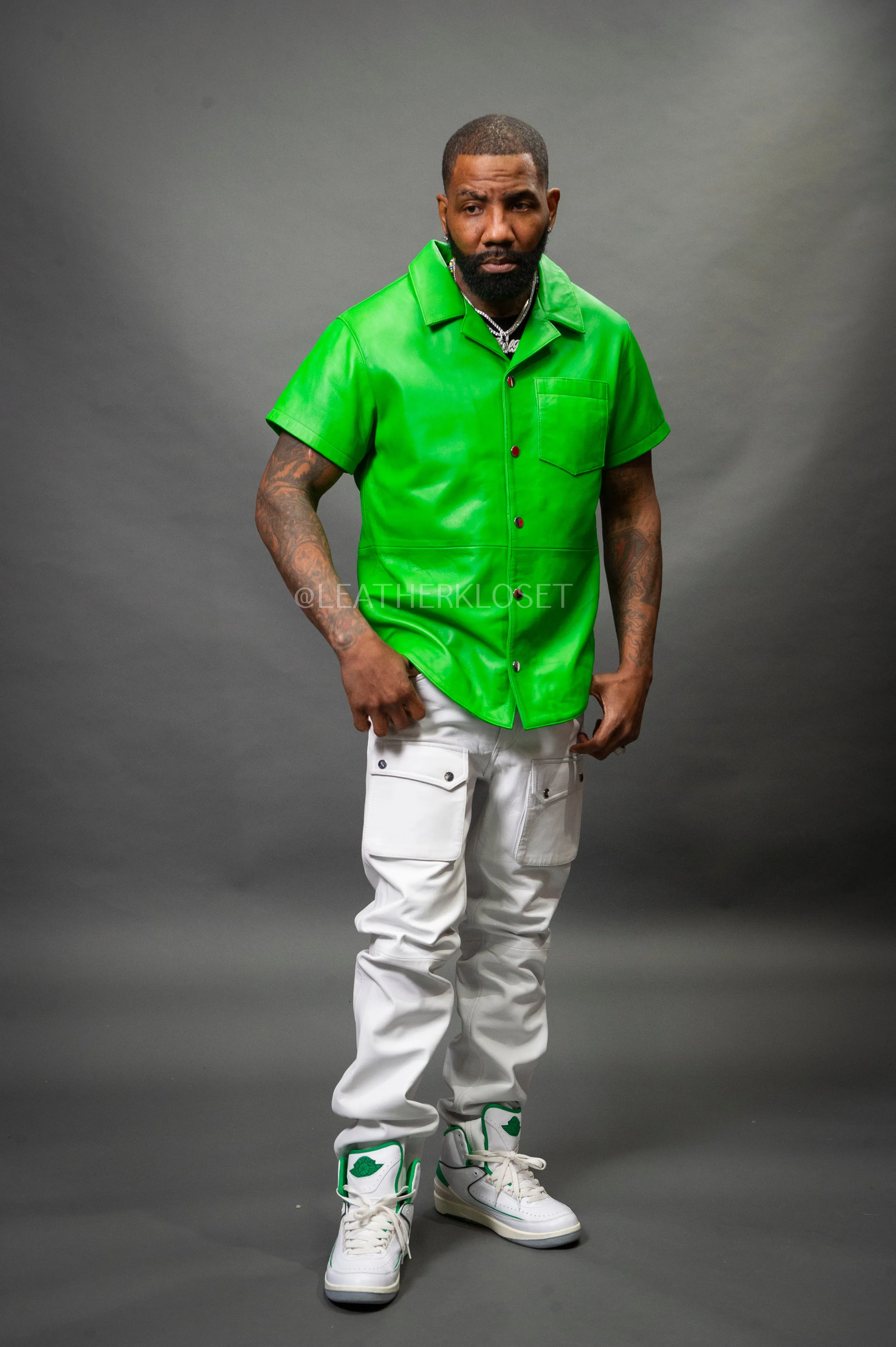 Men's Summer In Miami Luka Leather Short Sleeve Shirt [Green]