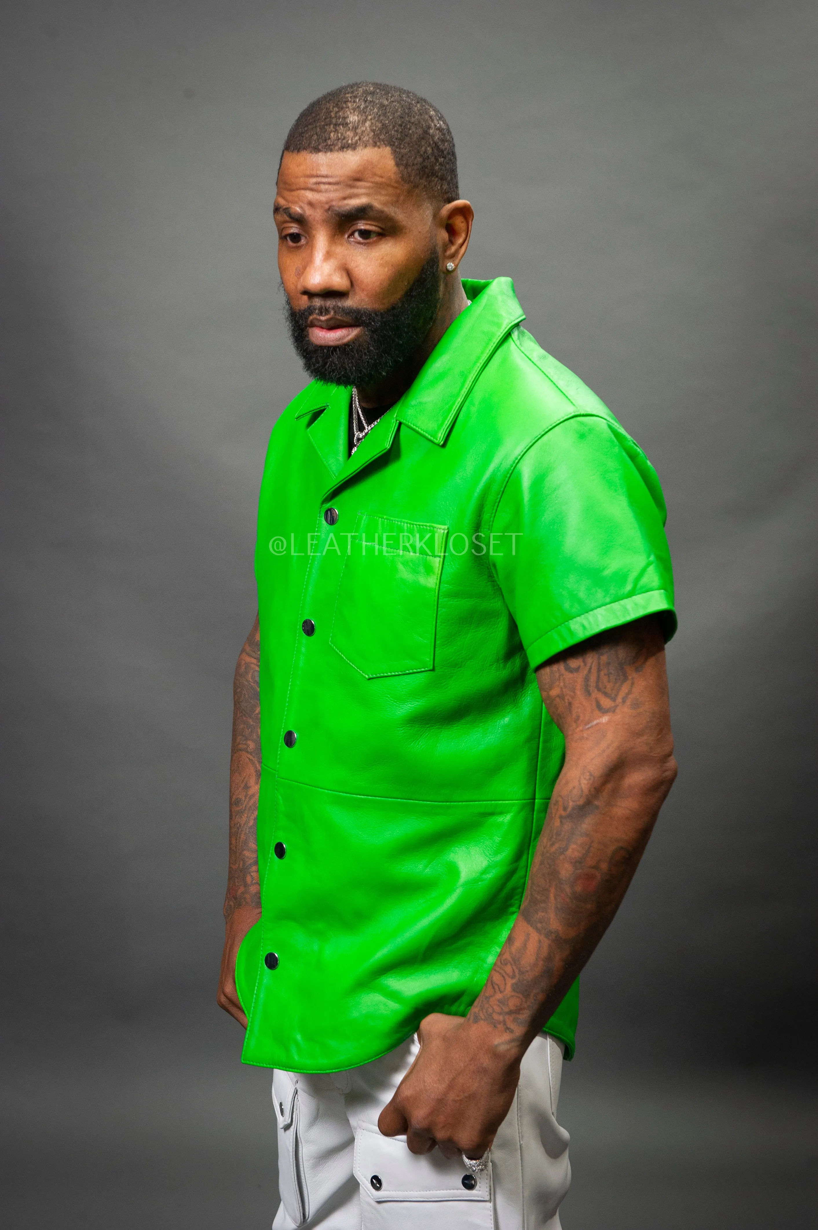 Men's Summer In Miami Luka Leather Short Sleeve Shirt [Green]