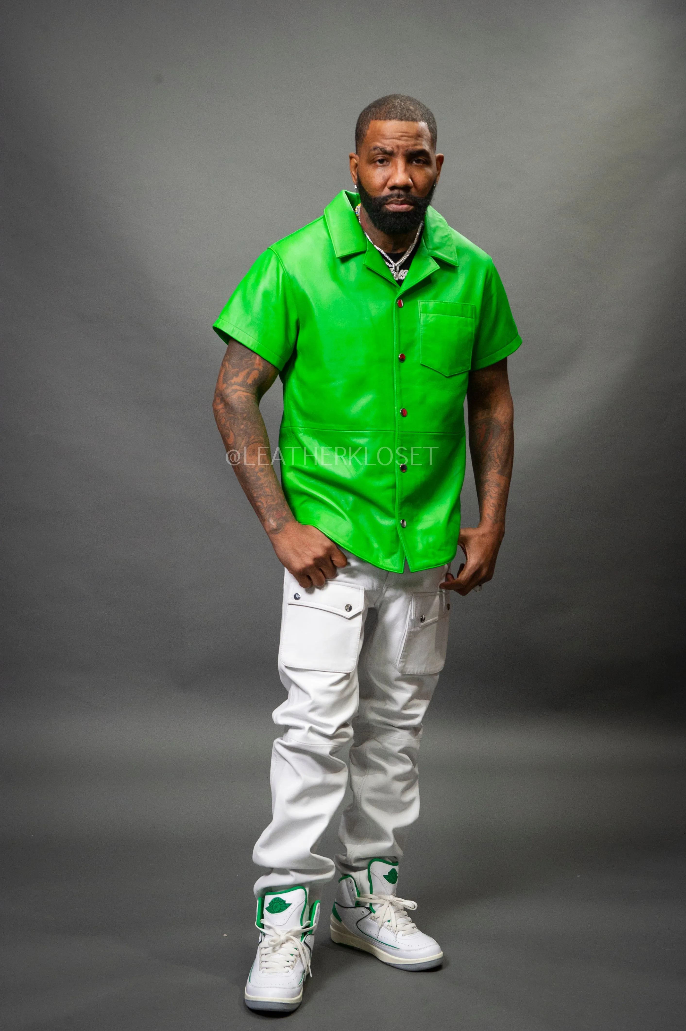 Men's Summer In Miami Luka Leather Short Sleeve Shirt [Green]