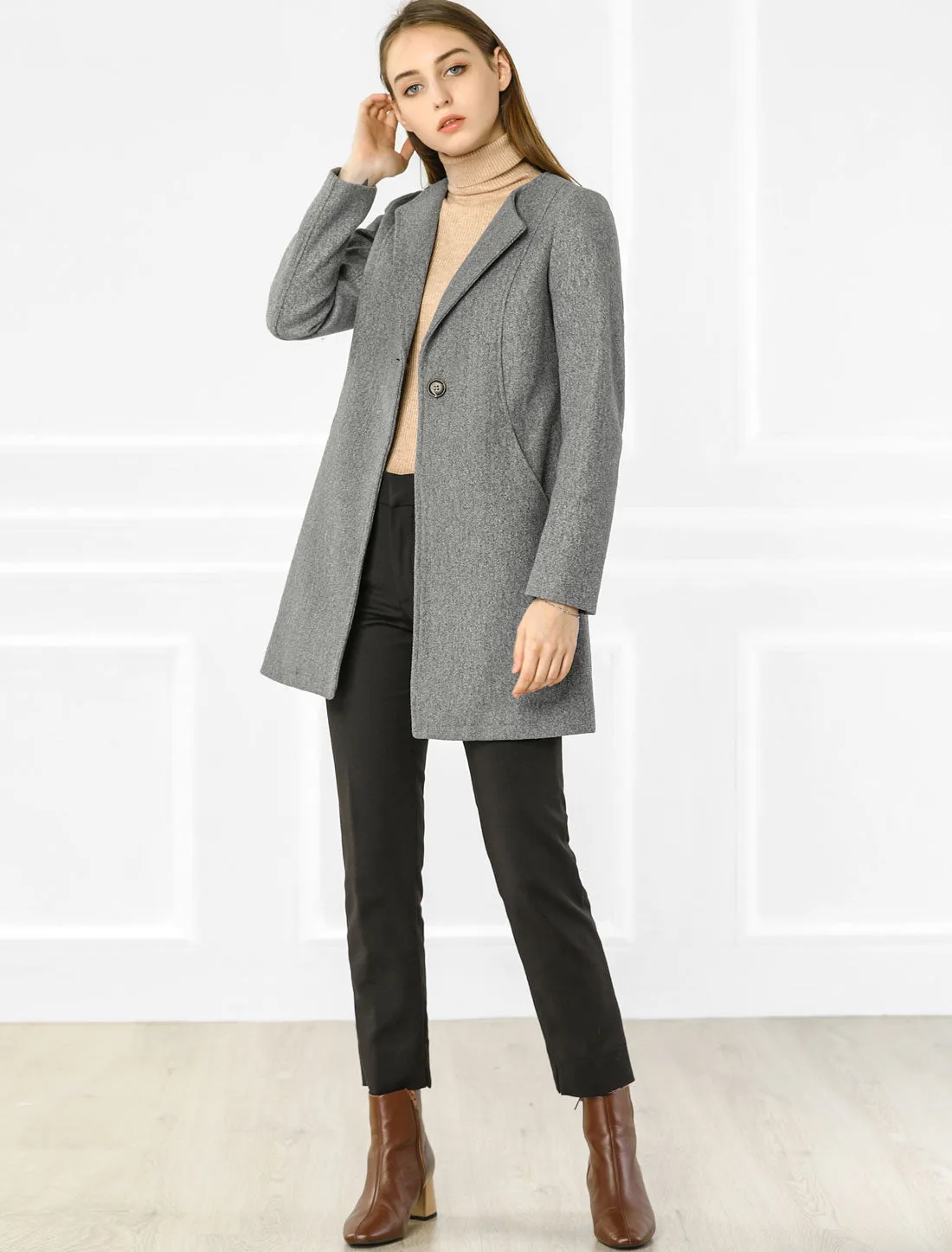 Mid-thigh Collarless Overcoat Single Breasted Outwear Winter Coat