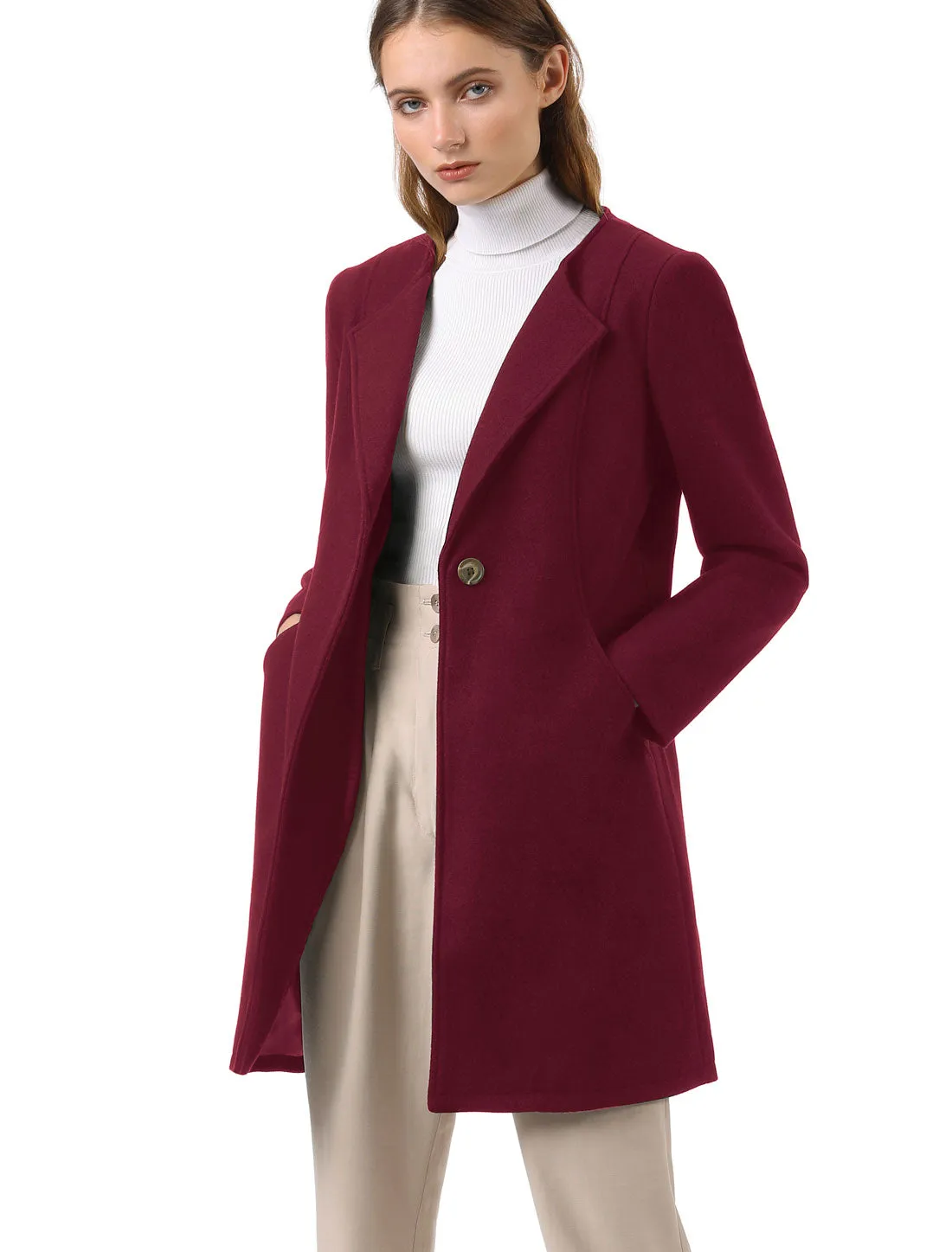 Mid-thigh Collarless Overcoat Single Breasted Outwear Winter Coat