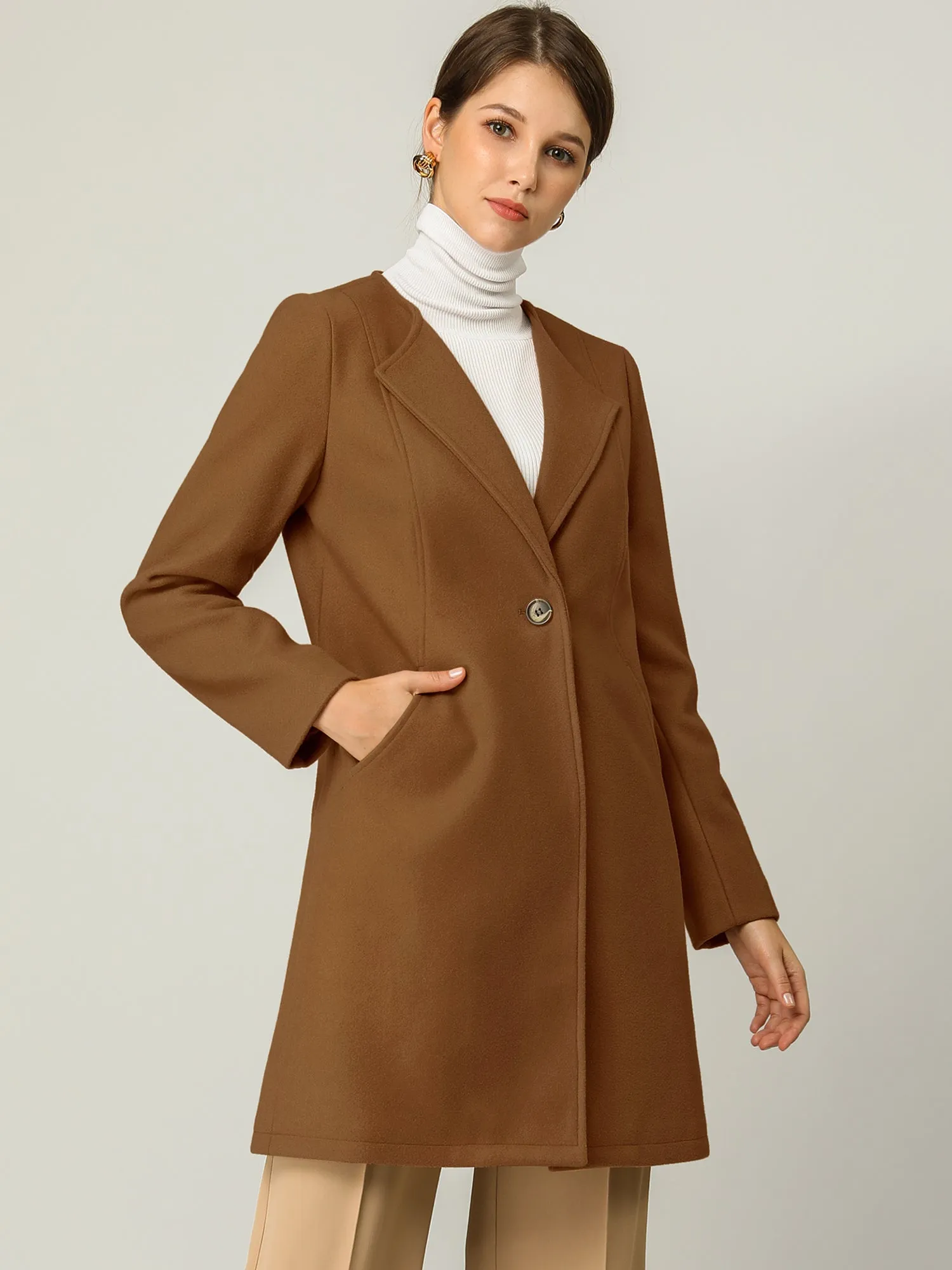 Mid-thigh Collarless Overcoat Single Breasted Outwear Winter Coat