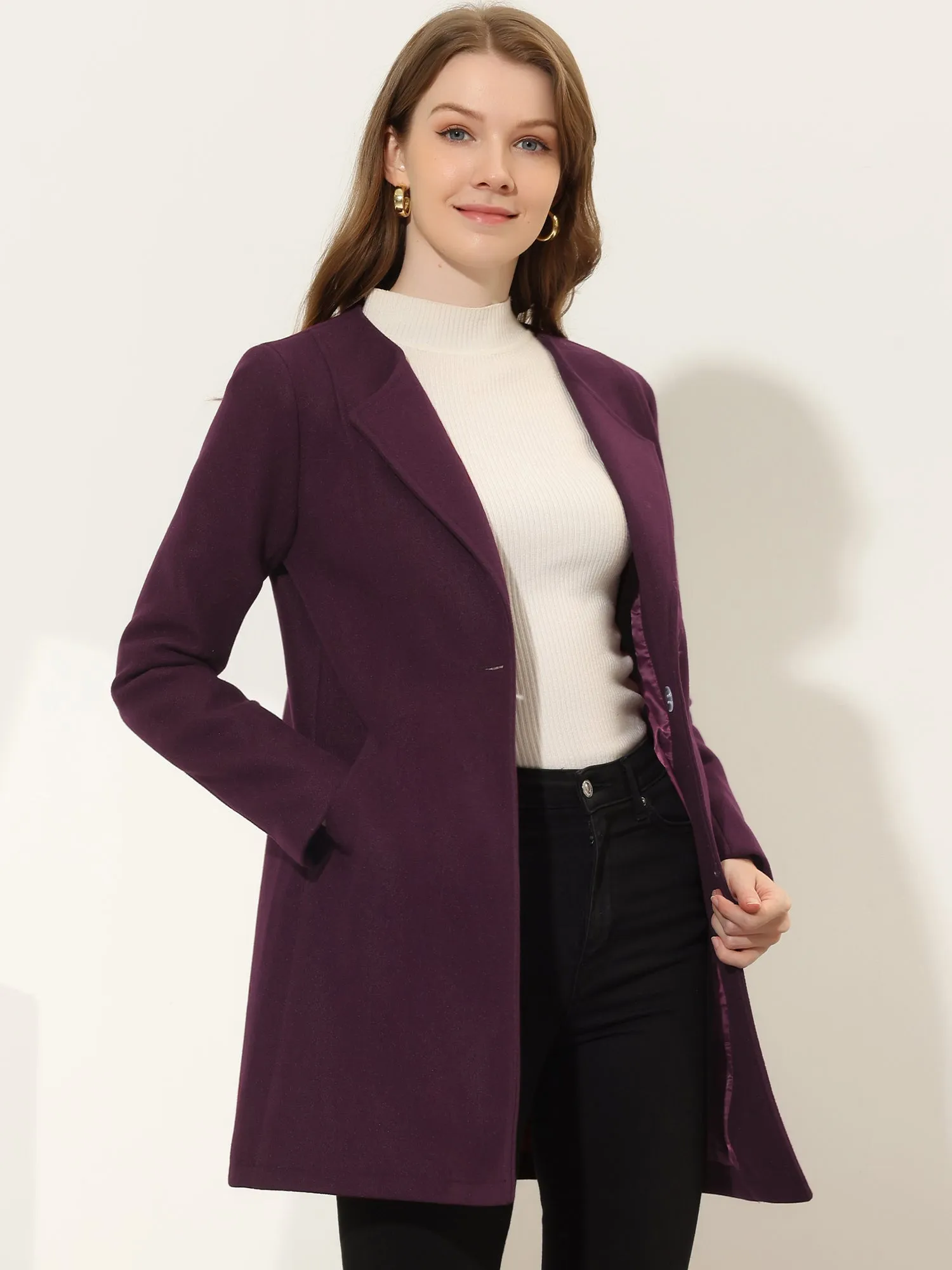 Mid-thigh Collarless Overcoat Single Breasted Outwear Winter Coat