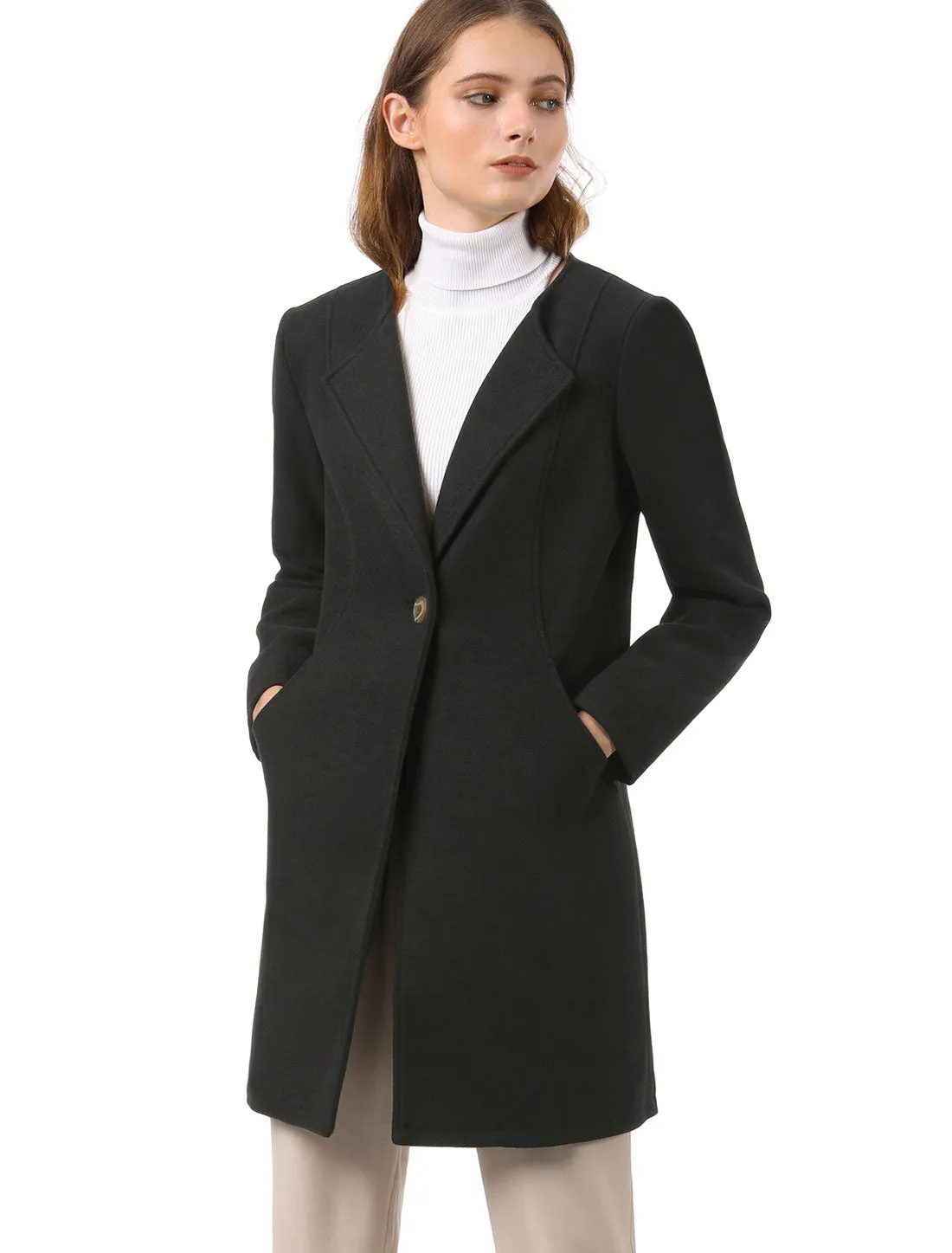 Mid-thigh Collarless Overcoat Single Breasted Outwear Winter Coat