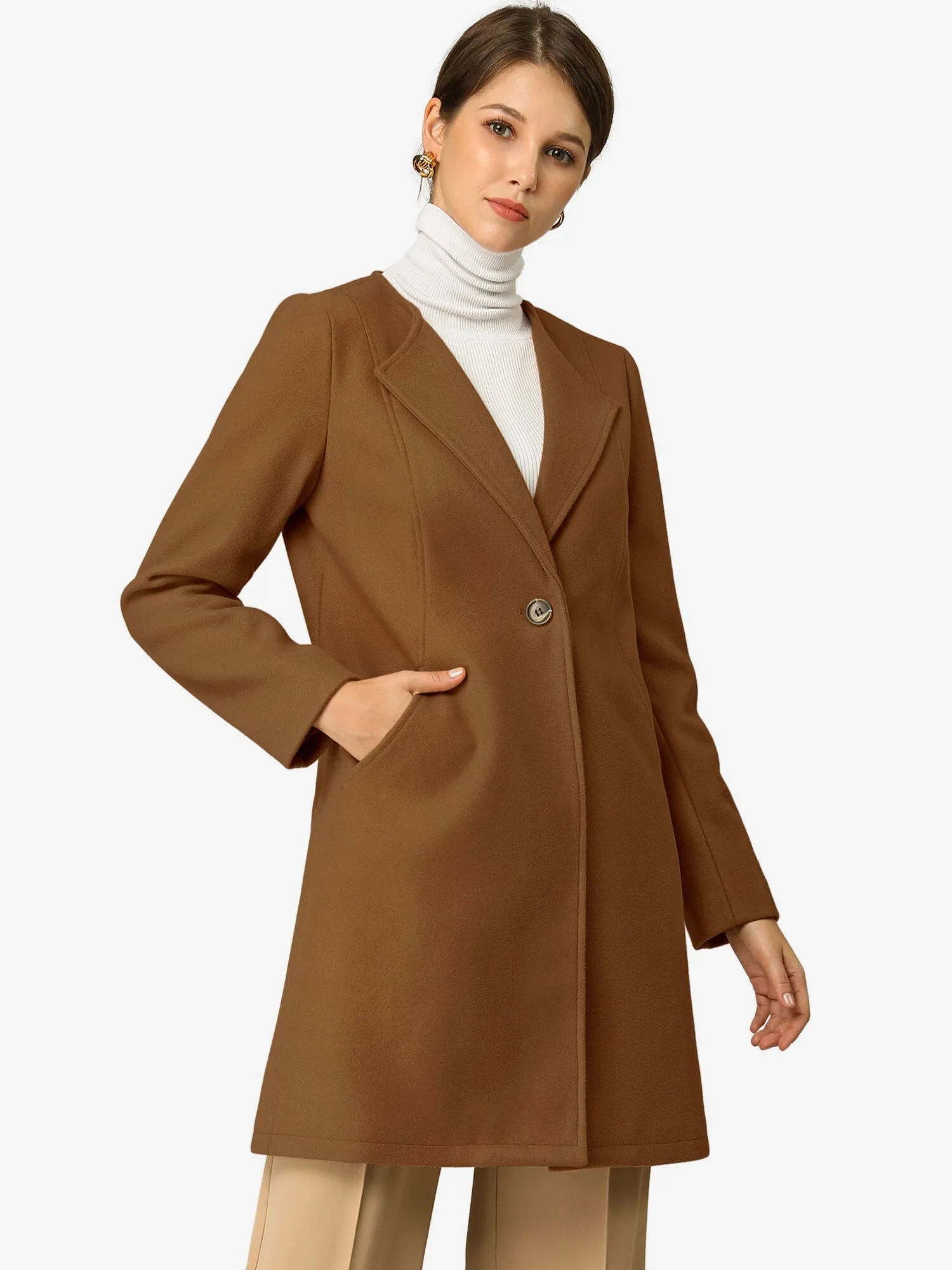 Mid-thigh Collarless Overcoat Single Breasted Outwear Winter Coat