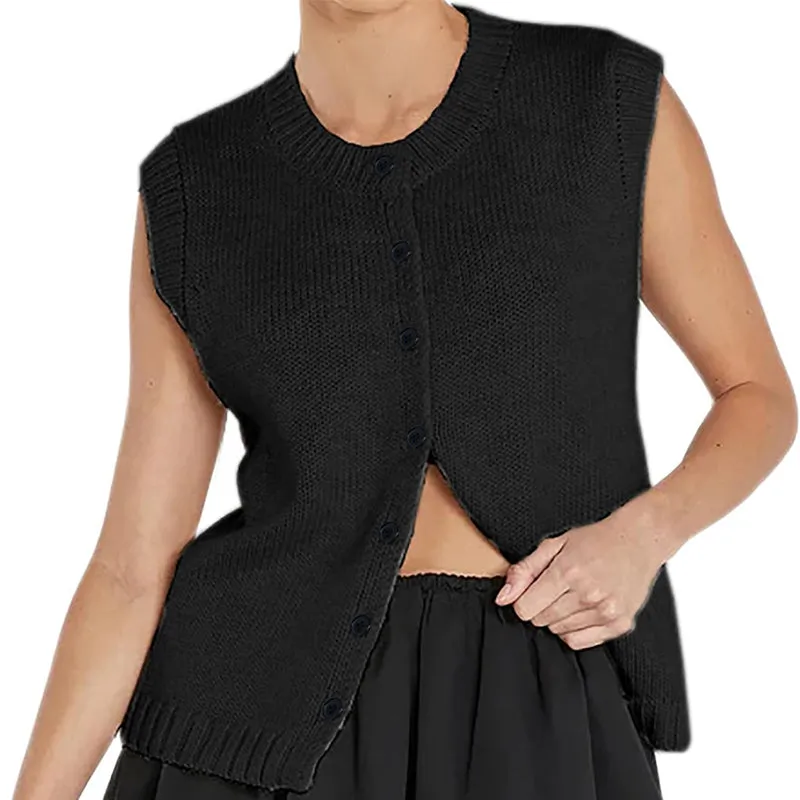 Minimalist Ribbed Knit Trim Crew Neck Button Up Sleeveless Knit Cardigan