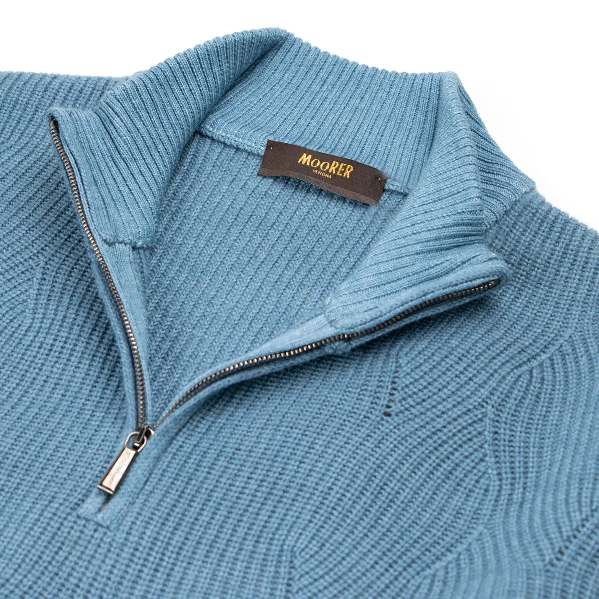 Moorer Cyan ‘Terni’ Wave Knit Half-Zip Wool Sweater