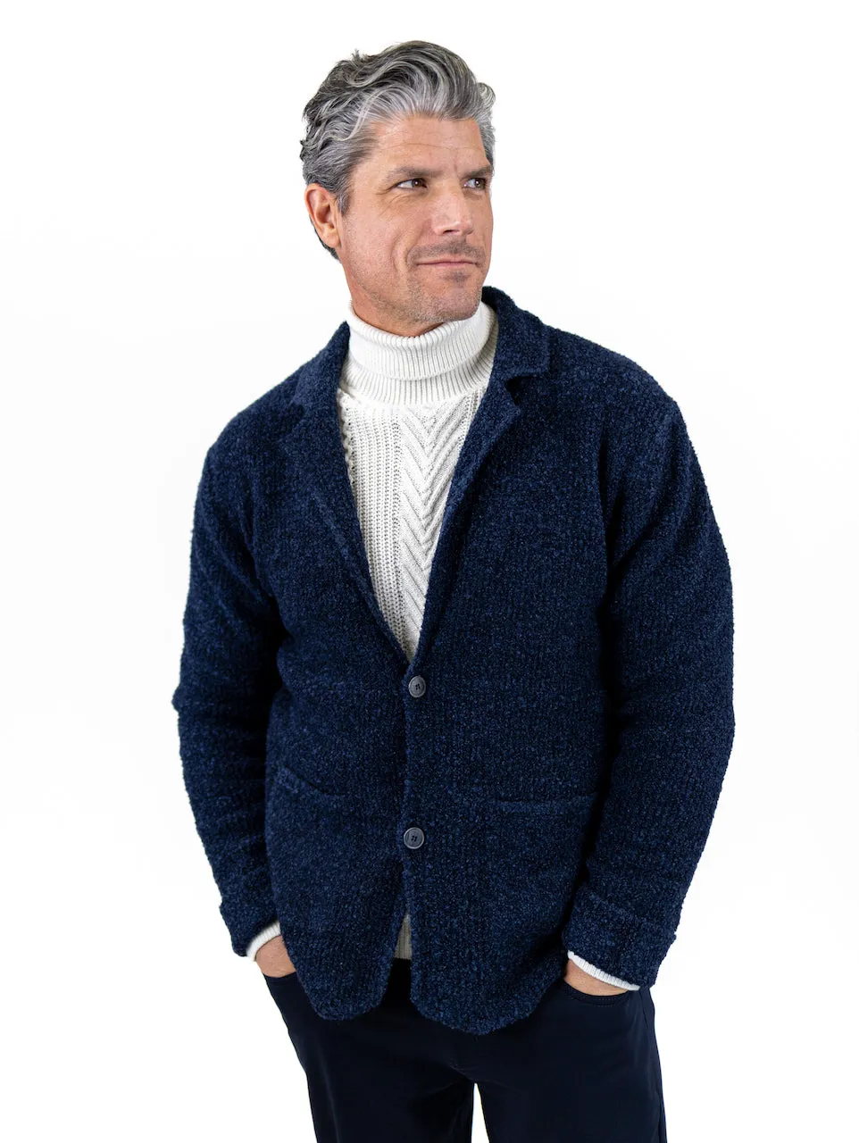 Navy Bouclé 3 Button Sweater Cardigan