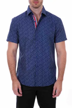 Navy Microprint Button Up Short Sleeve Dress Shirt