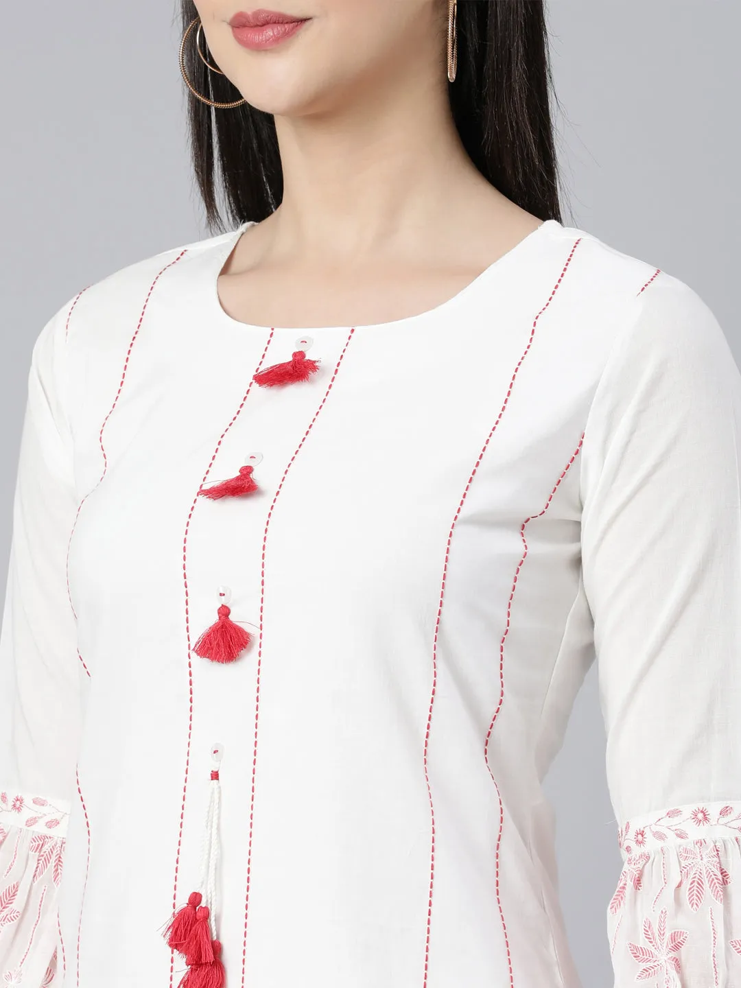 Neerus Red Panelled Straight Printed Kurta And Trousers With Dupatta