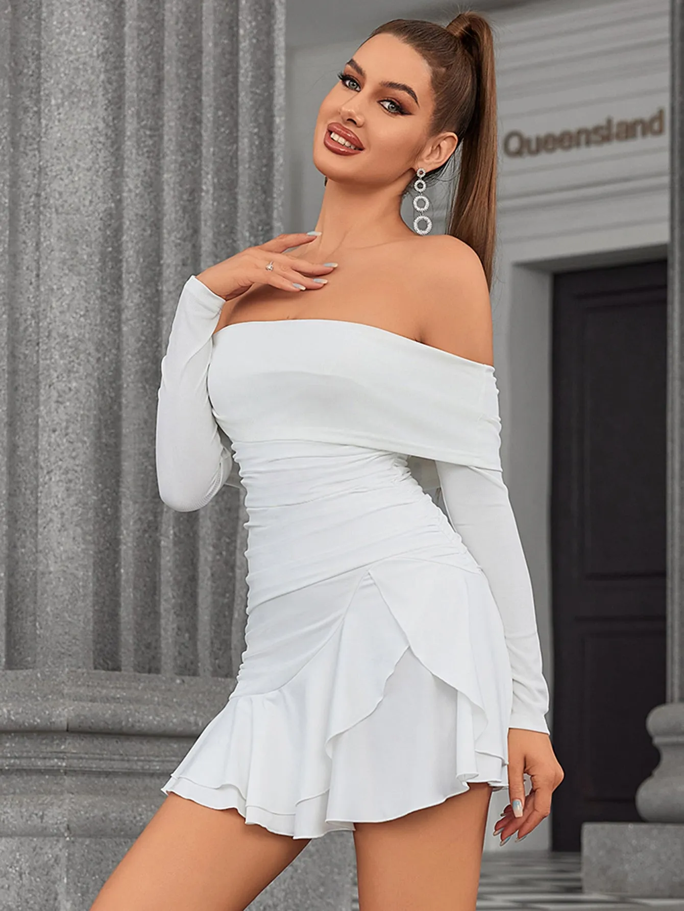 Off Shoulder Ruched Asymmetrical Hem Dress