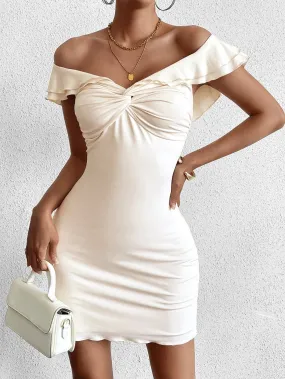 Off Shoulder Ruched Twist Front Mini Dress