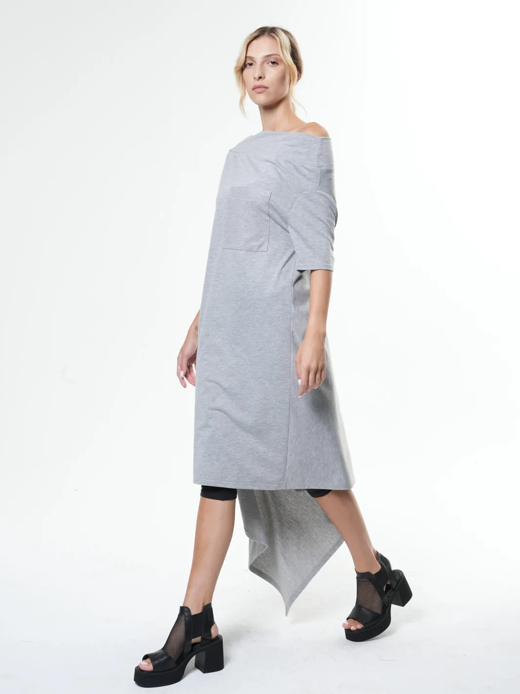 Oversize Open Shoulder Gray Dress