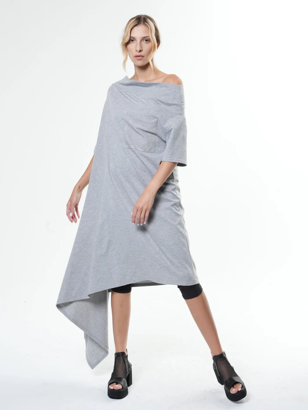 Oversize Open Shoulder Gray Dress