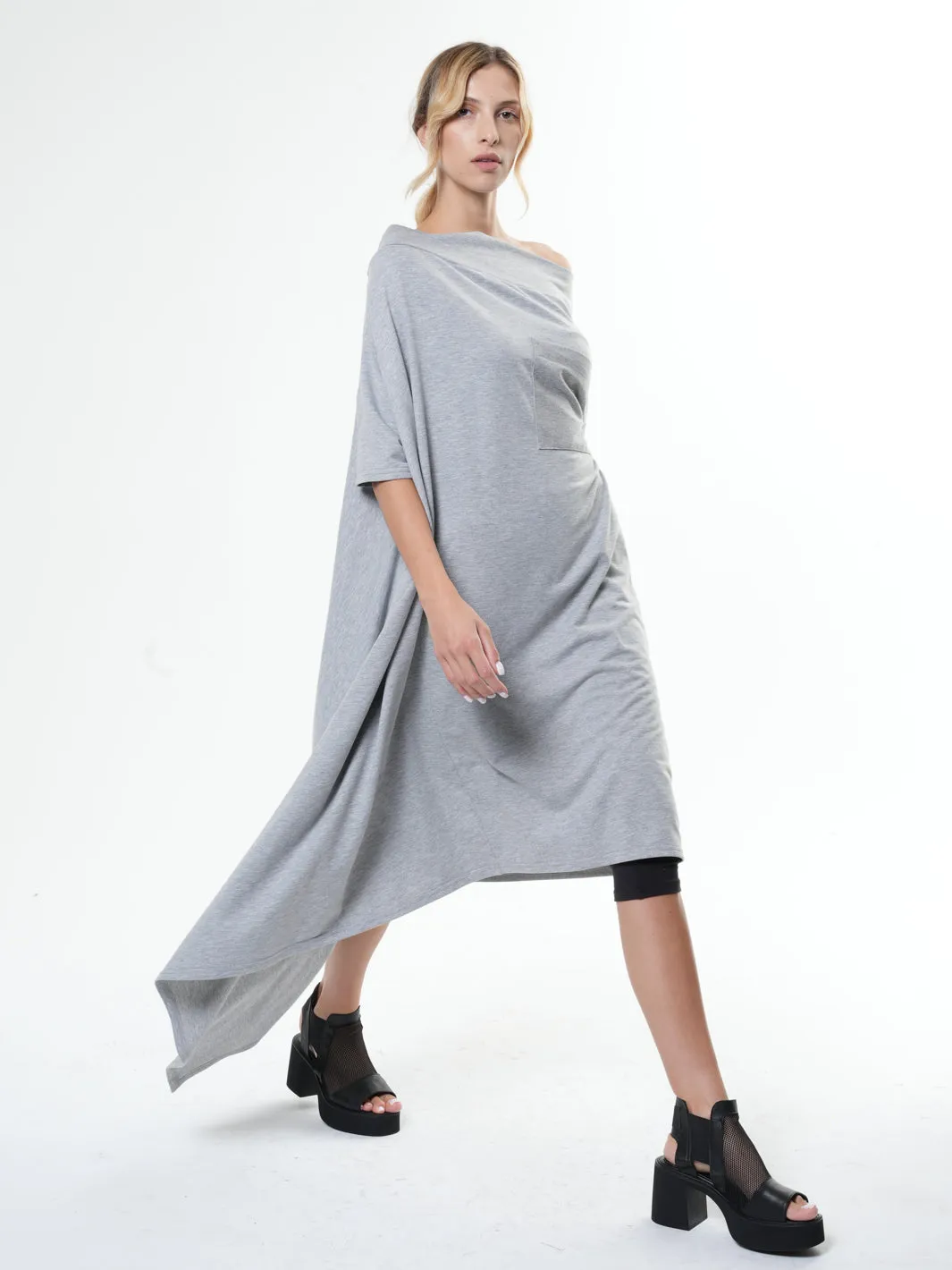 Oversize Open Shoulder Gray Dress