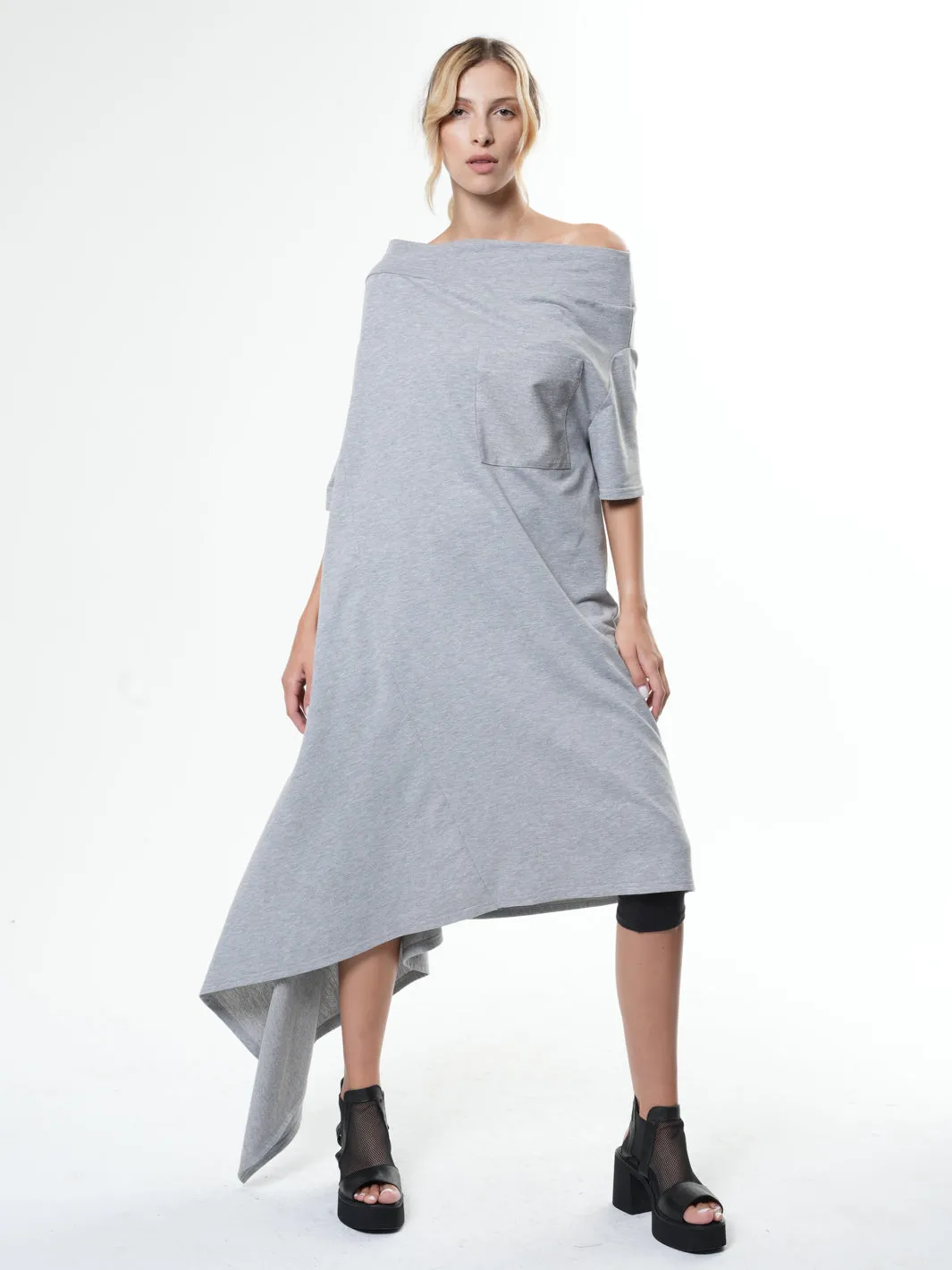 Oversize Open Shoulder Gray Dress