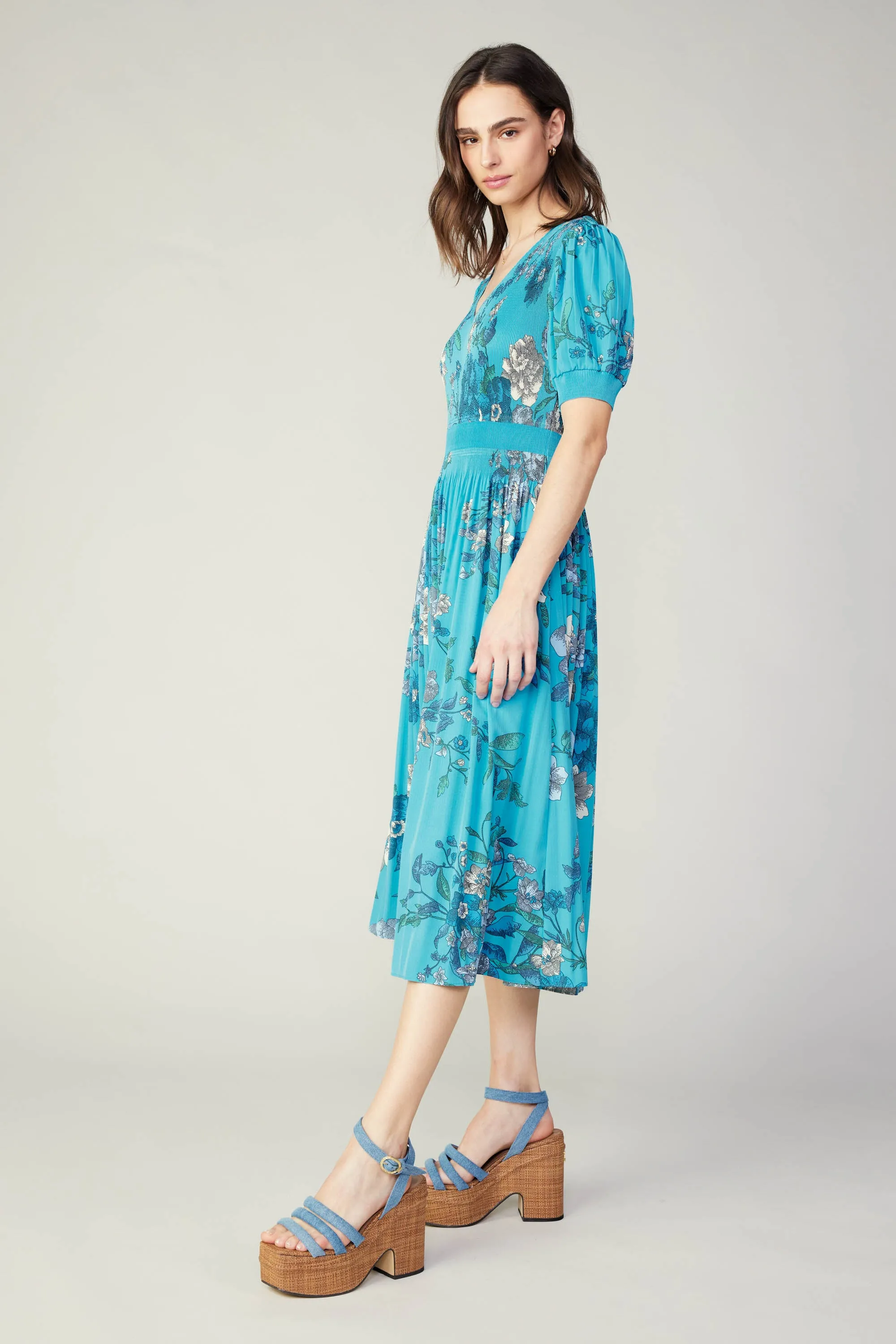 Pleated Botanical Midi Dress