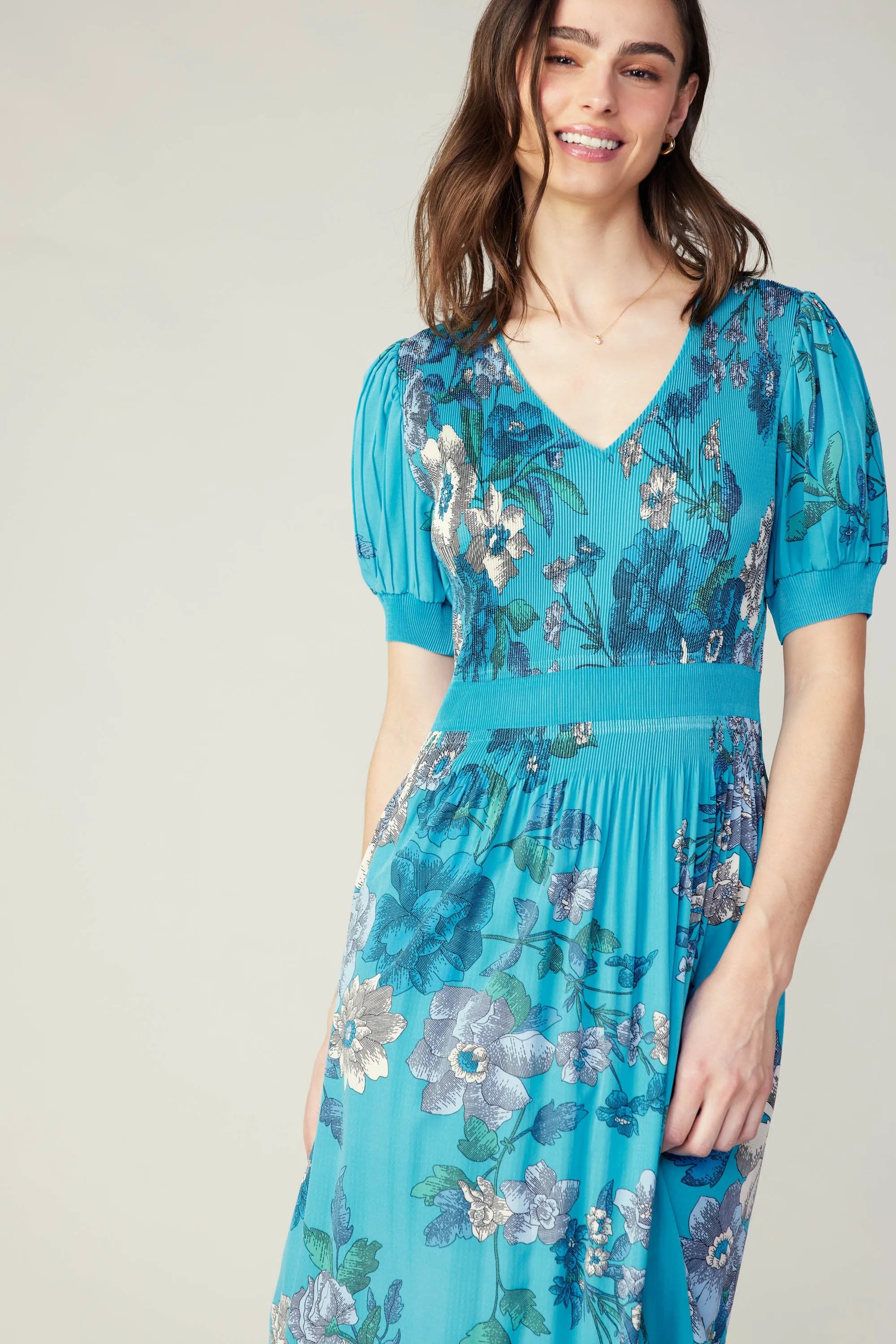 Pleated Botanical Midi Dress